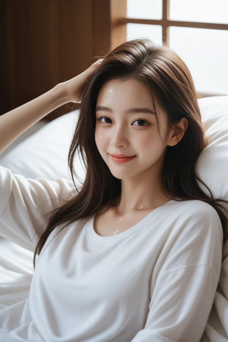 Highest quality、High resolution、8k wallpaper、Dense and beautiful eyedium hair、(Beautiful :1.3)、Natural color lip、20-year-old woman、1 female、Brown Hair、Semi-long hair、smile、Wearing a white T-shirt、Wearing shorts、Living alone、Inside the house、Stylish room、On the bed、holding a smartphone in one hand、