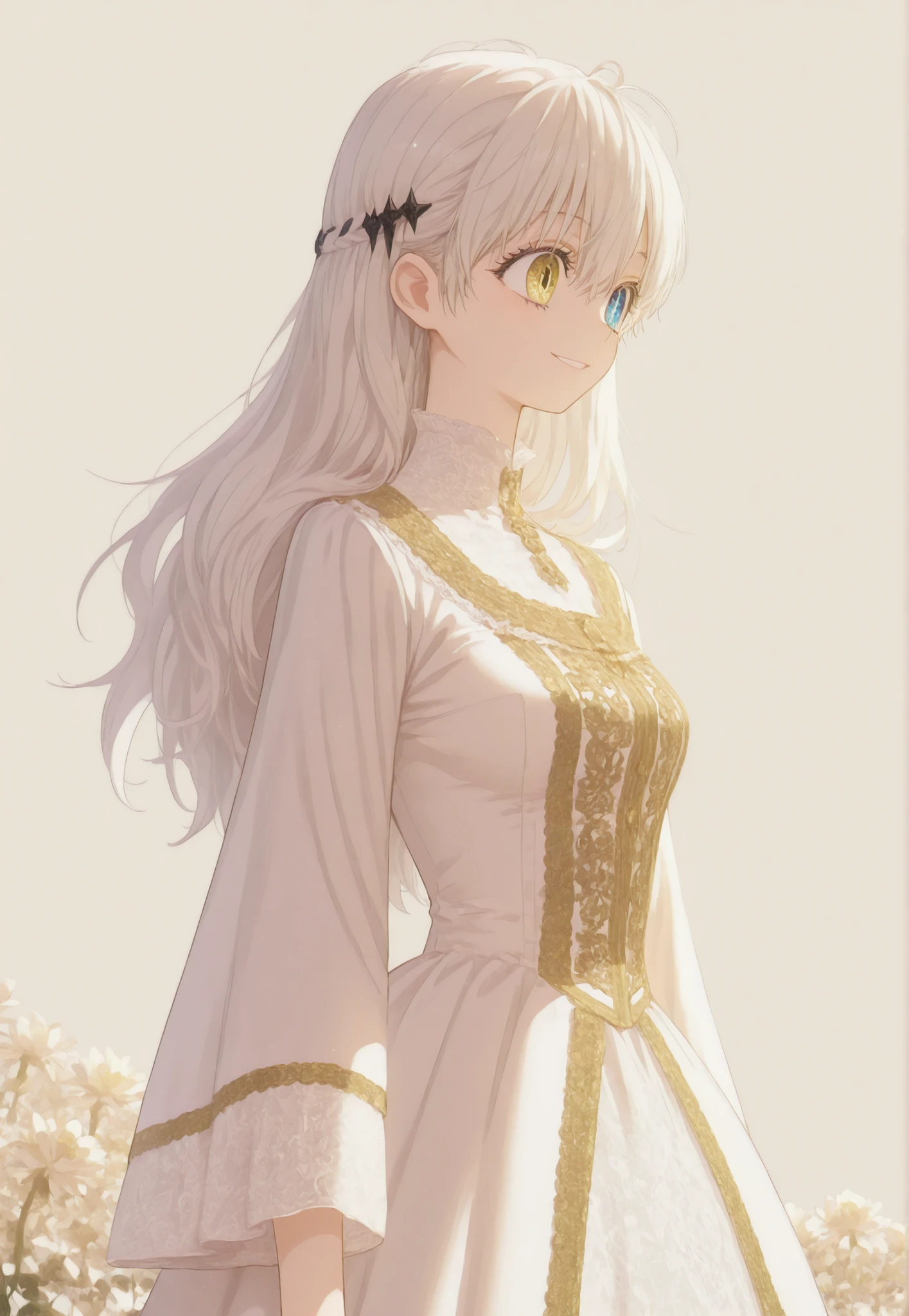 masterpiece, newest, HD Quality, safe, good anatomy, good lighting, , good resolution, beautiful, anime. long white hair. heterochromia:Sky blue right eye and Yellow Gold left eye, glitter on the eyes, genuine smile. dark eyelashes, piel clara, slim build, Medium Breasts Size C. She is 18 years old, measures 1'66 cm. looking at the spectator, Alone, Simple Beige Background. wearing clothes: Victorian white dress, Wide sleeves with elaborate embroidery, embroidered with gold threads. relaxed pose, between flowers .