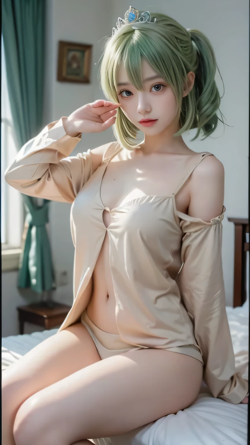 ((top quality, best quality, masterpiece)), Reality,
Ultra High Definition, A woman with green hair is sitting on a bed, anime girl cosplay, anime girl in real life, seductive anime girl, anime cosplay, wearing pajamas, ayaka cosplay, attractive anime girl, y 2k cute core crown core, Asuka Suit!, anime style, Style Anime, anime girl, Close up of a person sitting at a table with, cosplay, anime woman, (Detailed Eyes and Faces:1.2), (Detailed Handshake:1.3, Perfectly Right Hands:1.3)