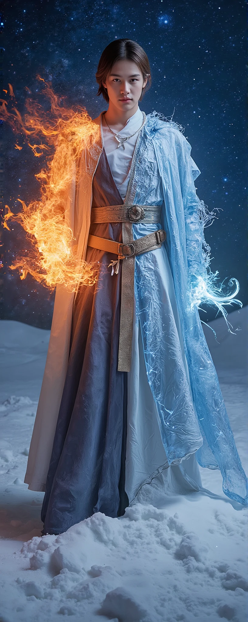 Mighty magician of fire and ice, stands gracefully in a stately posture, orange-red flames blaze around his left arm, while clear blue ice clings into ice flakes around his right arm, a long cloak flutters in the wind. The background is a starry night sky, high-detail fantasy paintings, angles. Look at eye level