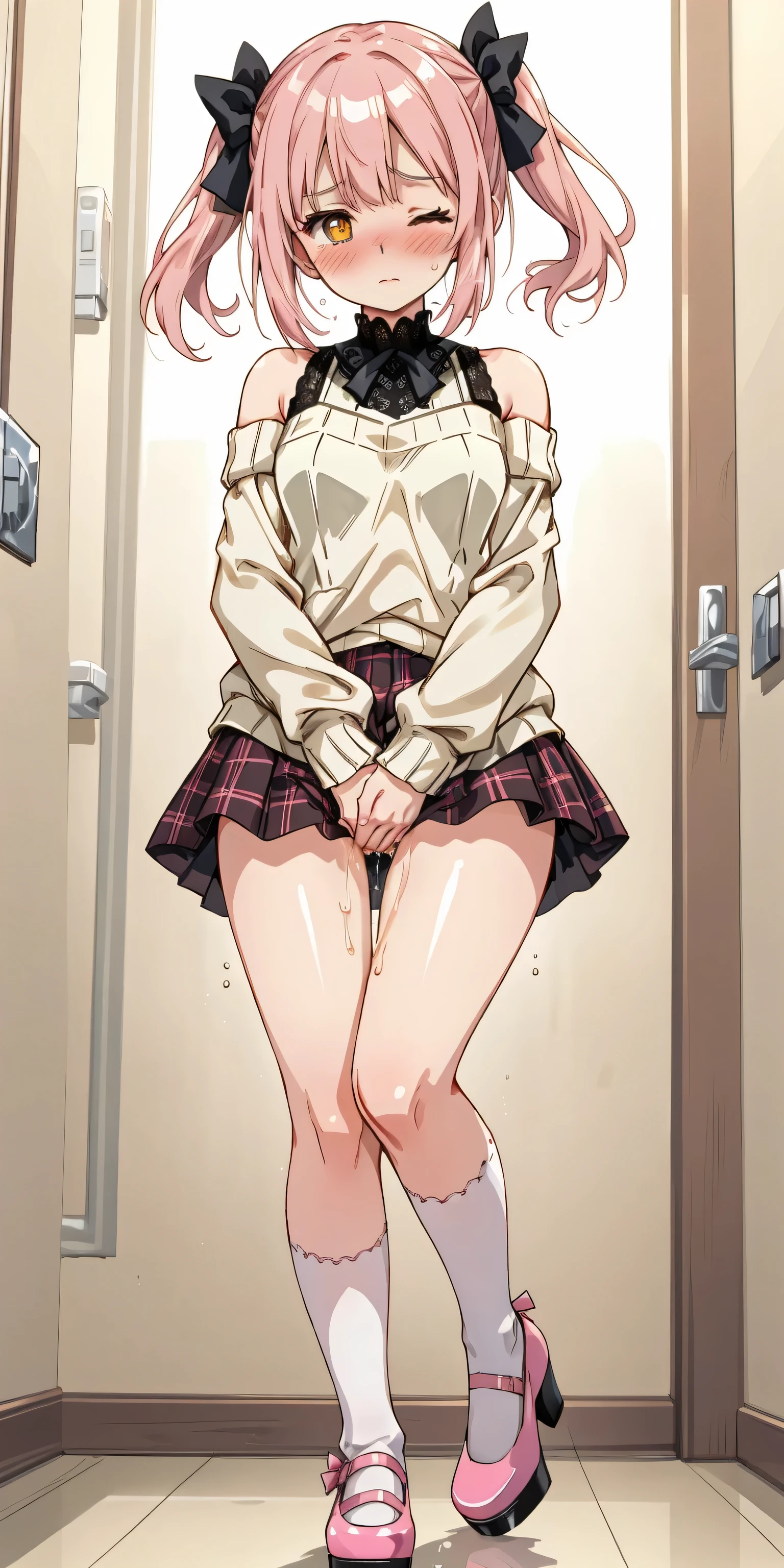 SIGMA 200 mm F/1.8, 1/100 sec shutter, award-winning photo, beautiful medium breasts, shiny skin, chin-length bob, (have to pee), Disheveled hair, (Holding pee uneasy expression), (Truly urgent in deep panting), (in crowded woman restroom, she coercion to hold her pee:1.2), intense urge to urinate hits her bladder, (Full face blush:1.3), (Squinting:1.2), (Constricted Pupils), (Impatience:1.1), (Shifting from foot to foot unsteady standing:1.3), (embarrassed), (pee dance), (She rolls up her hem to intense grab her crotch directly:1.5), (Pastel beige-pink cold-shoulder knit sweater with ruffled high neckline and decorative ribbon bows at each shoulder cut-out; high-waisted beige-and-pink plaid A-line mini skirt featuring front flap pockets trimmed with scalloped lace and accented with matching bow appliqués; white knee-high socks with scalloped lace trim and small ribbon bows at the cuffs; black patent leather platform Mary Jane shoes with chunky heels and ankle straps), 8K, ultra-detailed, best quality, ultra-detailed face, anatomically perfect figure, extremely detailed beautiful curvy body girl, (dramatic angle:1.2), nsfw,