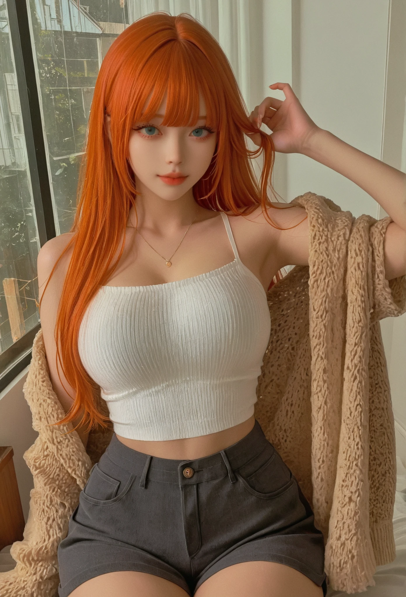 ((best quality)), ((masterpiece)), (Detailed), 1 Frau, middle age, 26 years old, Foto shooting, cheerfuler Gesichtsausdruck, katzen ohren, nekomimi, Cat Woman, aroused, cheerful, Neckline, Collar with brand, Plus Size Sweaters, Sweater slips easily from the shoulder, knee socks, comfortable shorts, tousled red hair, Back long hair, blue eyes, small breasts, sitting on the bed, legs apart, Bedroom, erotic atmosphere ,(red hair), (cat ears),
