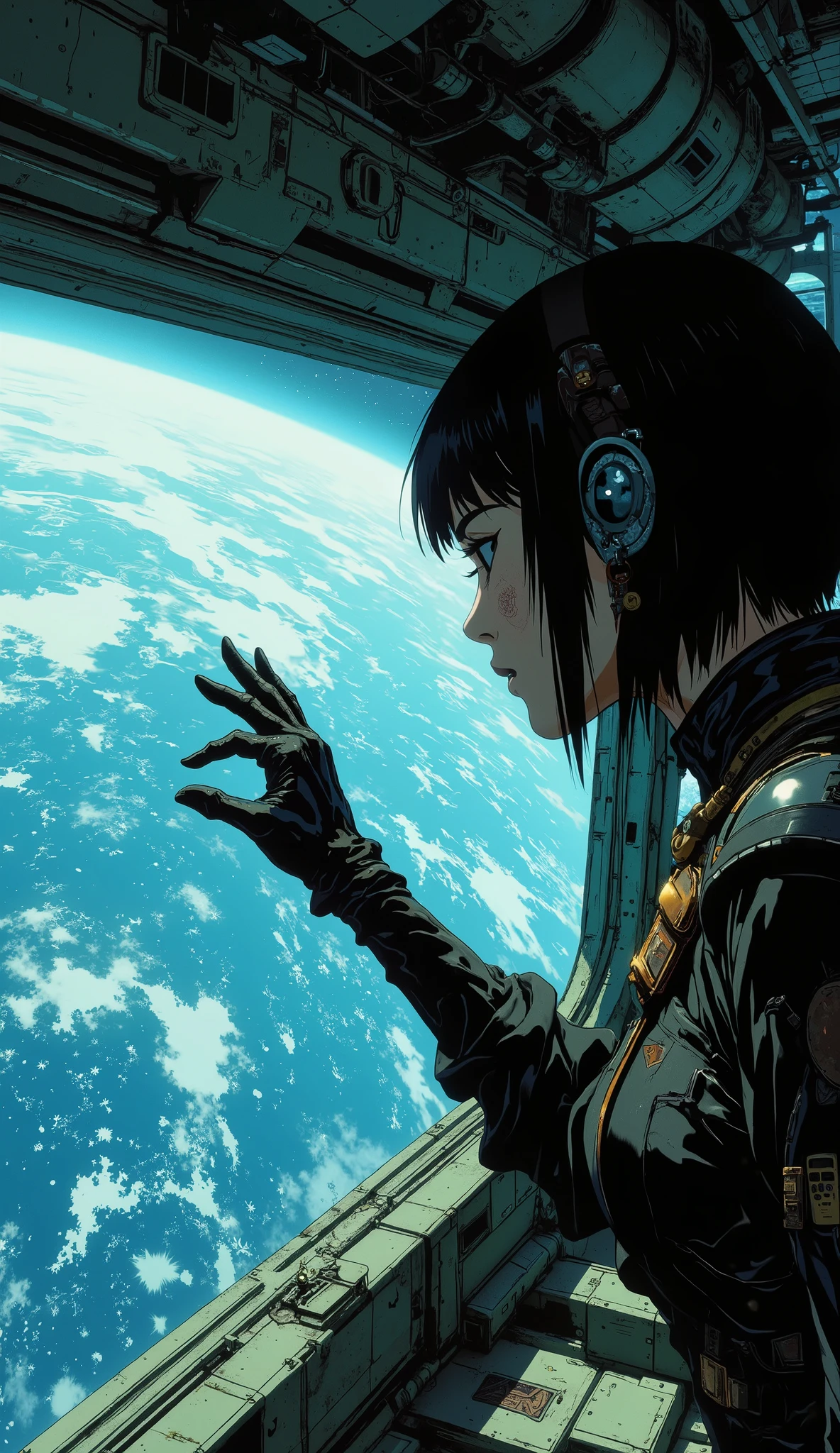 A 90s-style anime scene. A close-up of a woman's hand wearing black leather gloves and bare arm, seen from above, touches the glass of a huge, rectangular window of a spaceship, where Earth can be seen from space. The scene captures the hand touching the glass of the huge window, with defined features. Low lighting, a somber atmosphere, only the hand, with planet Earth. The anime style features an anime background and a 32k cel tone technique. The rendering is in the style of the animes Vampire Hunter: Bloodlost, Blame, and Black Lagoon. Exposed wires. The ship has a steampunk style. The interior is not oval, but rather linear, straight, and linear, inspired by post-apocalyptic spaceships. The interior setting is Mad Max-style. From the window, you can see Earth from outer space.
