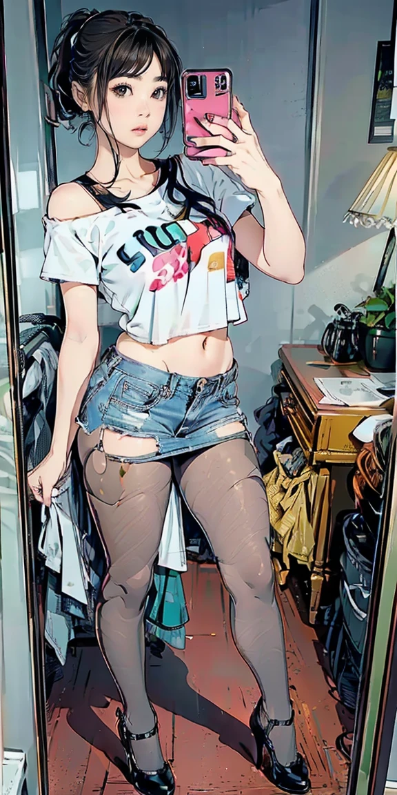 vector image:1.2, 2d cartoon,masterpiece, An anime woman, blush,colored hair, bold makeup, slave look, stockings with garters:1.2, denim shorts, sporty top, horny pose:1.1, gloomy orgasm, horny, sneakers, takes selfie, in restroom, full body