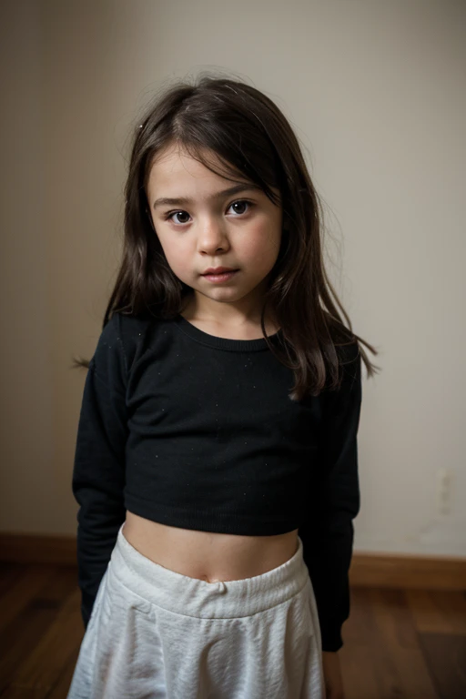 11 year old girl, king, short black hair, fitted shorts, anguish face, black strap blouse, forest 