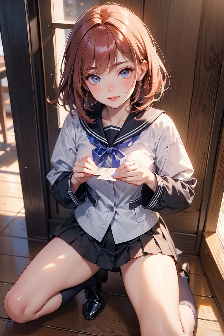 (Raw photography、top-quality)、female pervert(​masterpiece:1.4)、(8K、realisitic、Raw photo、top-quality:1.4)、japanes、(1girl in)、beauitful face、(Real Face:1.4)、(Caramel hair、Bob Hair Hair:1.3)、Beautiful hairstyle、realisticeyes、Beautiful Detail Eye、(Real Skin:1.3)、Beautiful skin、enticing、超A high resolution、A hyper-realistic、high-detail、the golden ratio、(详细的脸:1.4)、high-school uniform、Cotton white ????????? and pleated skirt、Sitting with your knees bent