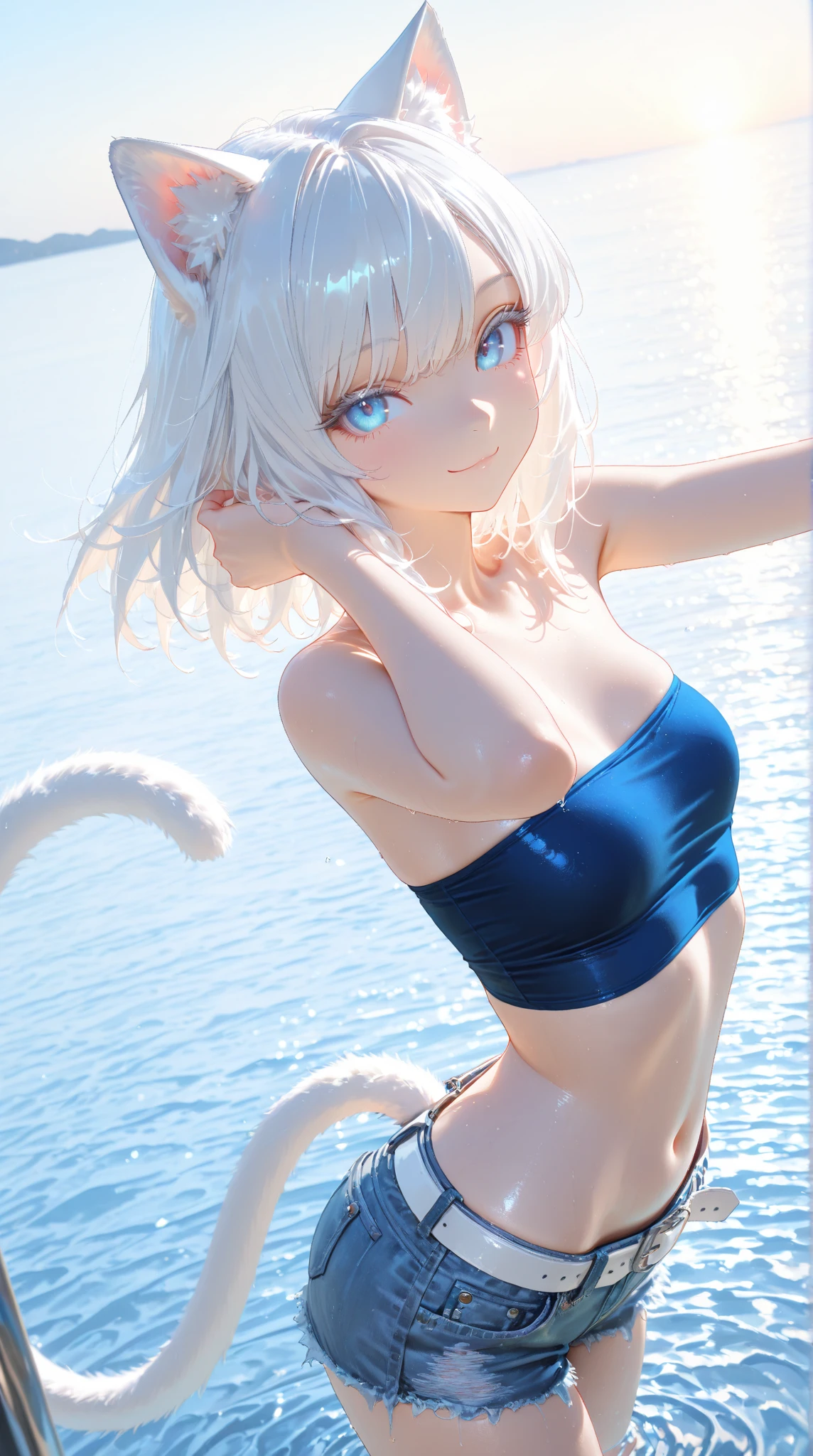 Anime girl with white hair and blue eyes, White cat lady, Gweitz, Very Beautiful Anime Cat Girl, artwork in the style of Gweitz, Gweitz on pixiv artstation, Gweitz on artstation pixiv, Beautiful anime cat girl, Trending on cgstation, anime wallpaper 4k, anime wallpaper 4k,wet Swimwear, Young Sensual Gravure Idol, Yoshitomo Nara, Young and cute gravure idol, sakimichan, is wearing a Swimwear, Realistic young gravure idol, Swimwear, wearing two - piece Swimwear,Sitting with legs crossed
