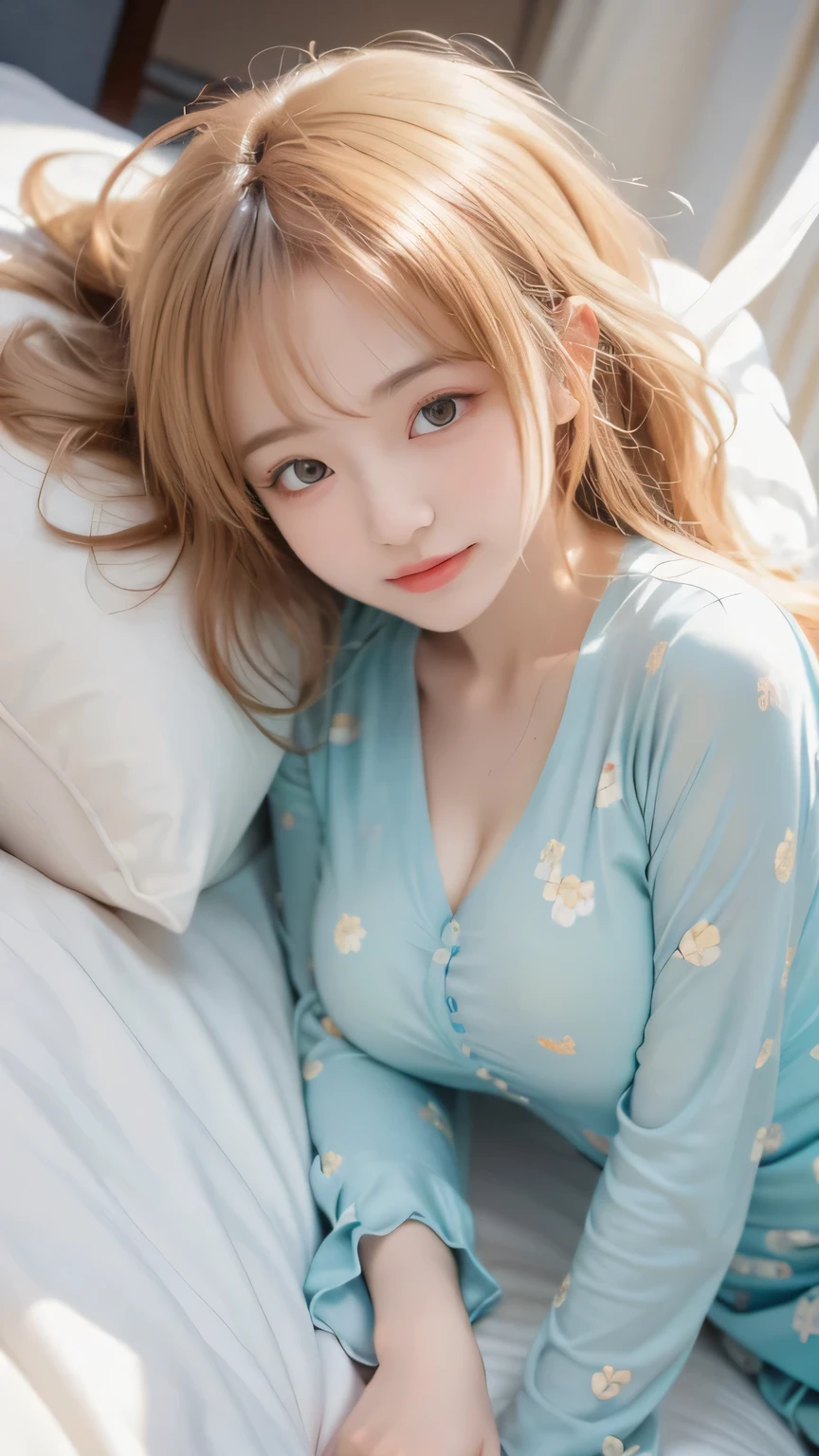 beautiful girl in anime style、relaxing on the bed with her head resting on a soft pillow、Enchanting Poses、Modest smile、flowing hair that floats comfortably、Delicate Expression、relaxed atmosphere、digital art、precise texture、high resolution、realistic shading、soft lighting、warm colors、(top quality、best quality、masterpiece)、photoreality、Ultra High Definition