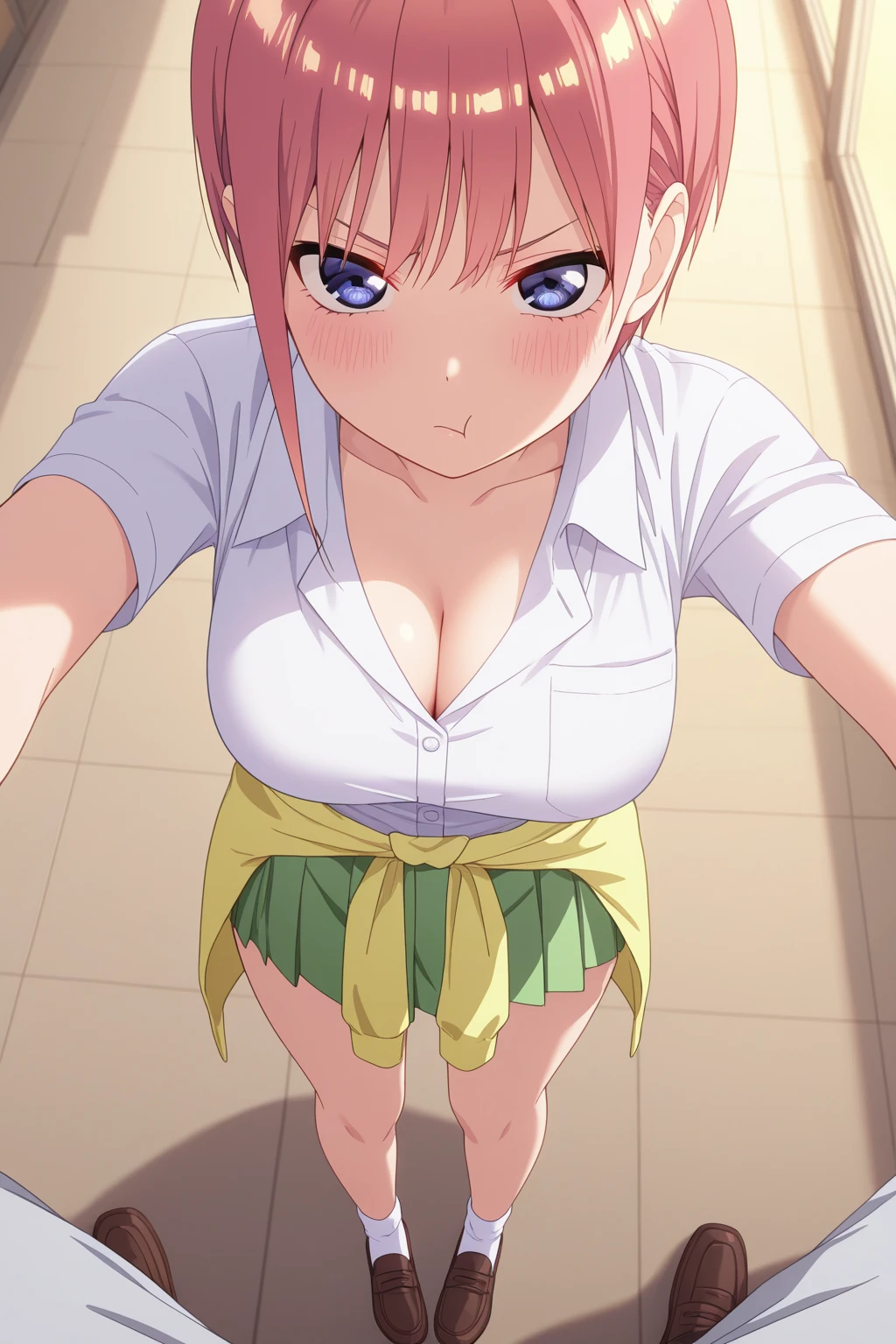 ichikanakano, ichika nakano, Short hair, Bangs, Blue eyes, hair between eye, Pink hair,
BREAK skirt, Shirt, School uniform, White shirt, Short sleeves, Pleated skirt, shoes, sox, Collared shirt, Black footwear, Sweaters, White socks, Green skirt, lowfers, clothes around waist,
Break indoors, crass room,
BREAK looking at viewer, BREAK (masutepiece:1.2), Best Quality, High resolution, Unity 8k壁纸, (Illustration:0.8), (Beautiful detailed eyes:1.6), extra detailed face, Perfect Lighting, extremely details CG, (Perfect hands, Perfect Anatomy),A smile