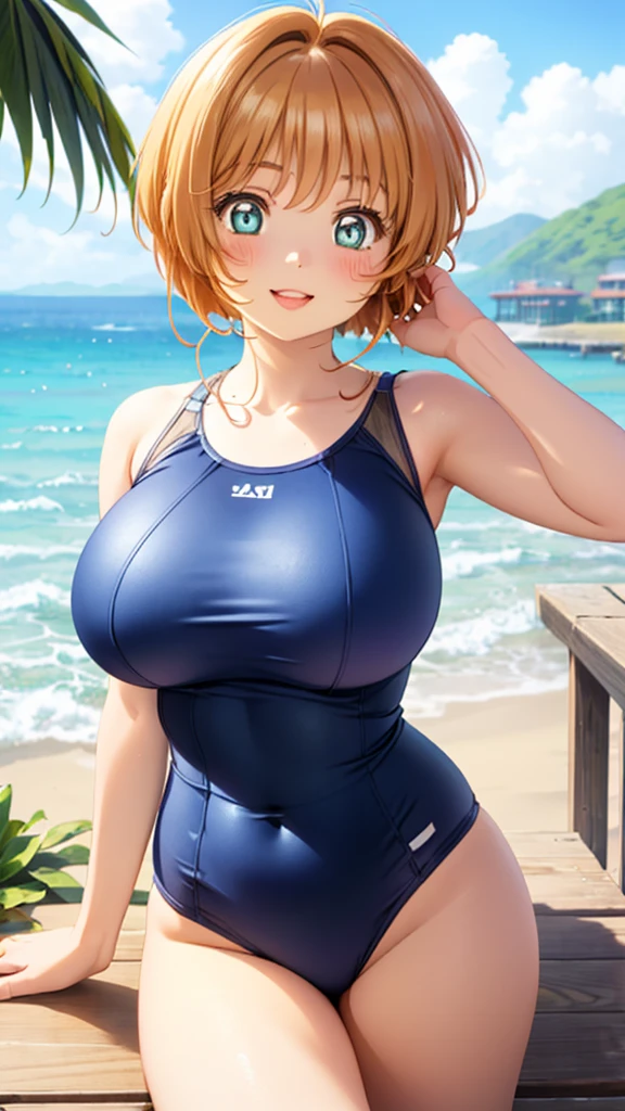 asuna (blue archive), 1girl, bare legs, blue eyes, (short sleeve turtleneck sweater), blurry, blurry background, blush, breasts, large breasts, (light brown blonde hair), (((extra short pixie cut))), (((pixie cut))), (((asymmetric pixie cut))), (((side parting pixie cut))), (((curly pixie cut))), (((messy pixie cut))), (((wavy pixie cut))), looking at viewer, solo, Beautiful girl, big, sea, emphasis on pussy, ((standing)), (spread legs), (happy face), (((nude))), (chubby), (((thick thighs))), (((big breasts))), (nipples), ((pussy)), (anal), ((extremely hairy pussy)), ((extremely hairy pubic hair)),