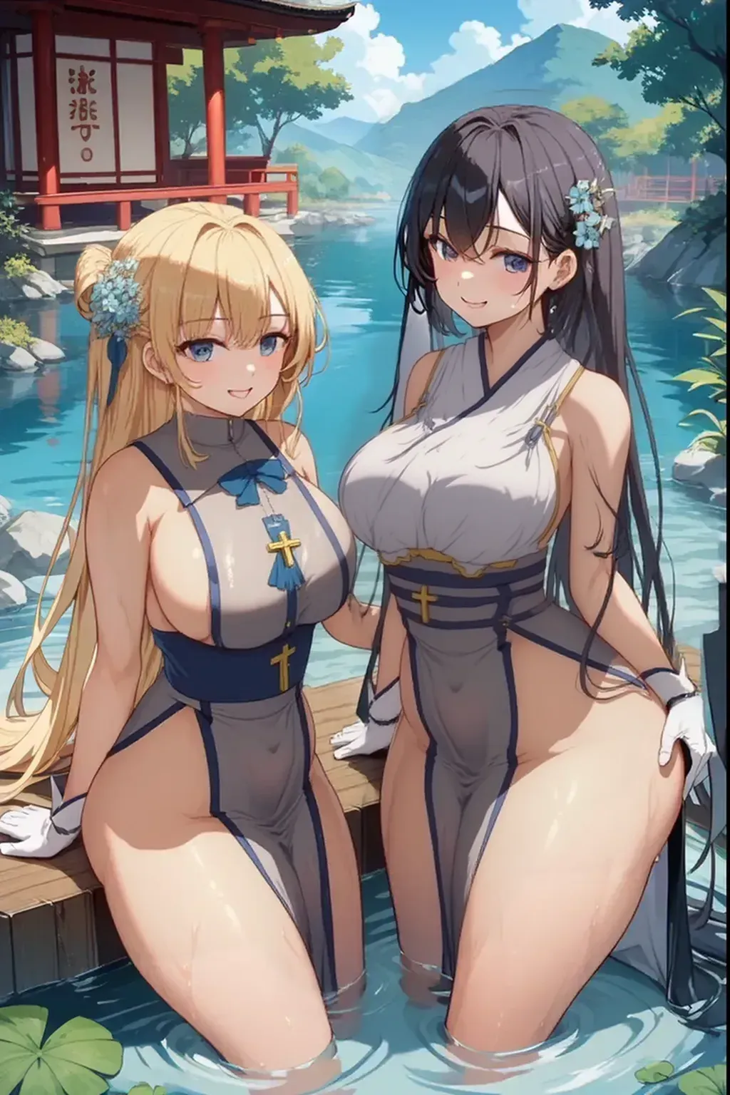 multiple girls, 3girls, standing, giantess art, highly detailed giantess shot, giantess, most detailed, perfect face, two legs, five fingers, short hair, beautiful girl bigger than a skyscraper, wearing rimless glasses, smiling, huge breasts, swimsuit, maid bikini, stiletto heels, under heavy attack, seaside metropolis, ocean, numerous miniature warships on the sea, very small metropolis, miniature metropolis, full body depiction, GTS, giga giant, trampling city, crush city, tiny city, micro city, high resolution, best quality, masterpiece,