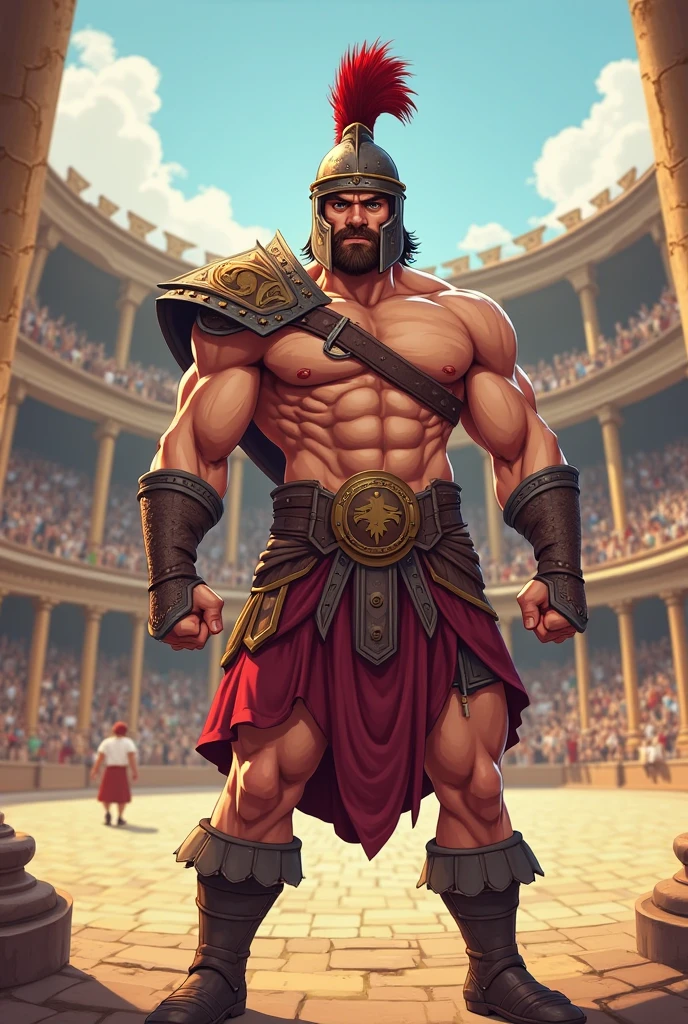 Mighty gladiator, upper torso exposed, legs unclothed from thighs to feet, flowing long curls, detailed muscular physique, lifelike depiction, 4K resolution. Background: Roman colosseum filled with cheering crowd.,32k uhd, best quality, masterpiece, super detail, high details