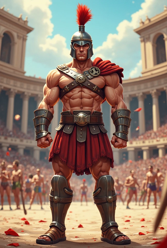 Mighty gladiator, upper torso exposed, legs unclothed from thighs to feet, flowing long curls, detailed muscular physique, lifelike depiction, 4K resolution. Background: Roman colosseum filled with cheering crowd.,32k uhd, best quality, masterpiece, super detail, high details