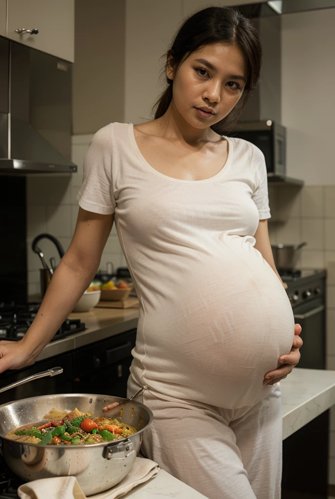 raw photo,looking at viewer,HD,4K,big tits(shirtsqueeze),pregnant woman in kitchen with food and milk in pan, cooking show, cooking, her belly is fat and round, cooking it up, she has a jiggly fat round belly, in the kitchen, in a kitchen, high quality , pregnant belly, thicc, indonesian celebrity, pregnant, belly, gif, gourmet cooking, yummy, cooking oil, cooked to perfection(squeeze her tits)