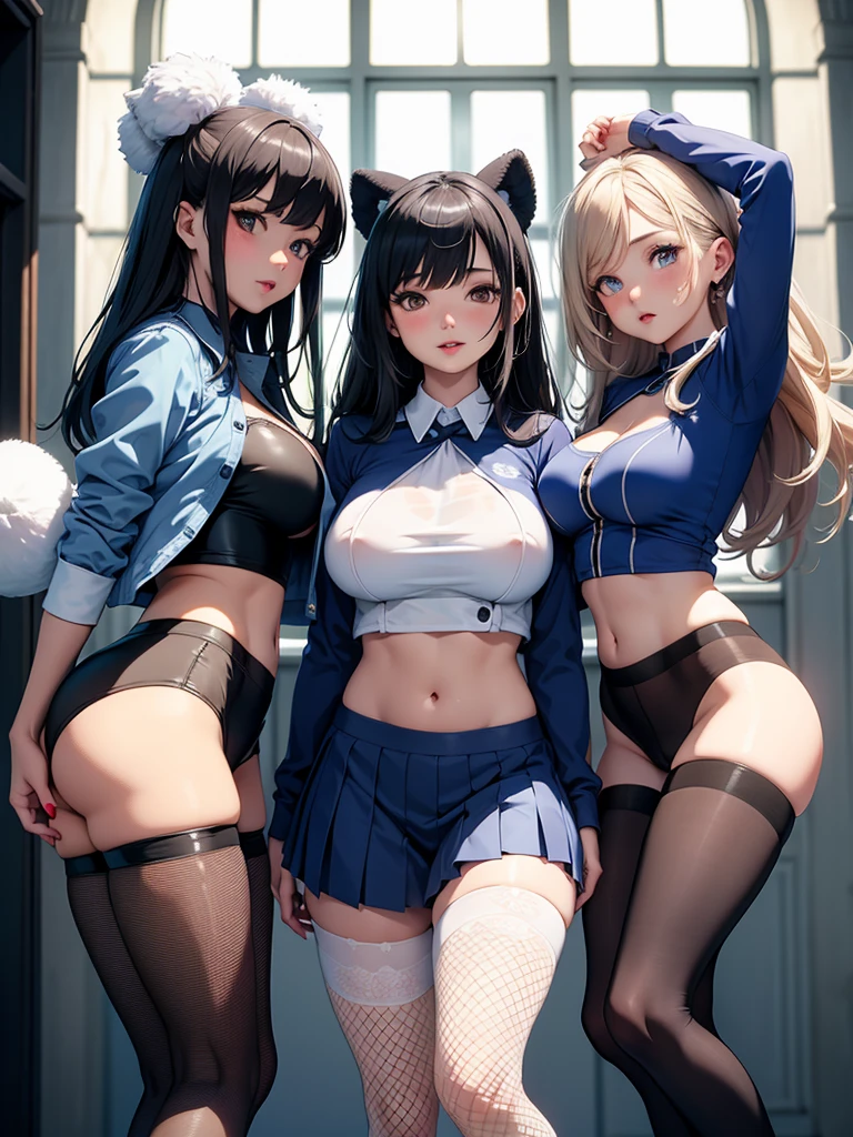 ((highest quality)), ((masterpiece)), (3 girls:1.5), Three cute girls are posing for the camera outdoors in a drugstore。, (shirtを持ち上げる:1.3), (three people standing in a row), (Close-up shot from the waist up), (open your mouth and smile:1.3), ray tracing, ((topless)), (), nipple, chest, hair band, head band, hair bobble, blouse, shirt, (high resolution face:1.5), (High definition finger 1.5), ((No panties)), Pussy, No skirts, Asian, Westerners, silver hair, brown hair, blonde, (belly button), jewelry, looking at the viewer, necklace, long hair, short hair, (abs),