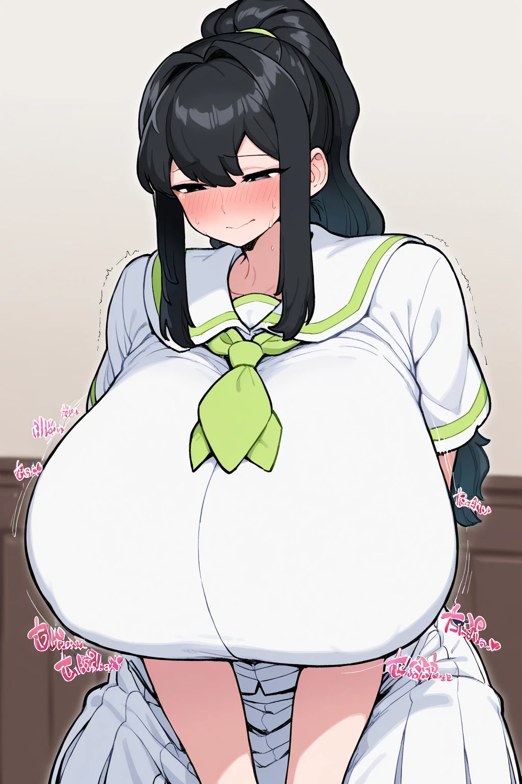 Highest quality, masterpiece, High resolution, One person in, {Ushio_Fleet Collection:1.15}, length_hair, black_hair, Ahoge, brown_eye, blush, chest, Seraph, (Very large saggy breasts:1.3), One girl, green_Sailor_collar, Looking_in_Audience, Sailor_collar, School_uniform, green_skirt, cardigan, Simple_background, skirt, gray_background, hairband, pleined_skirt, white_hairband, hair_between_eye, upper_body
