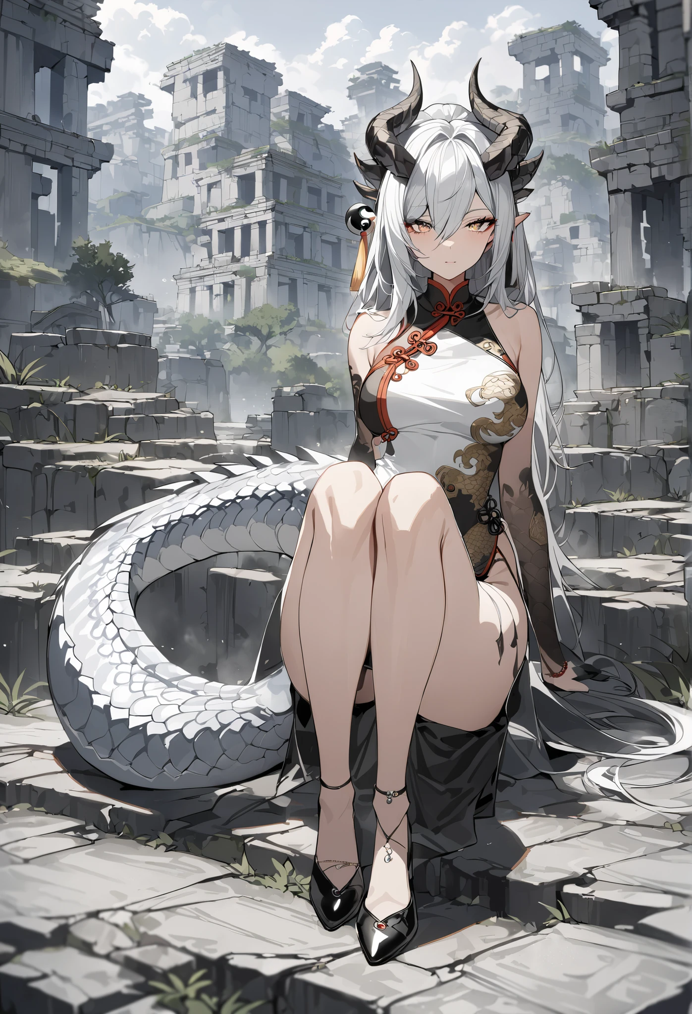 Masterpiece, High quality, Best quality, Live2D, Clear face, modern design, solo woman, female, dragon_hybrid, white half hair  and half black, Bright golden eyes, Yin Yang, Cheongsam, black and white, scales, horns, tail, Ancient ruins.