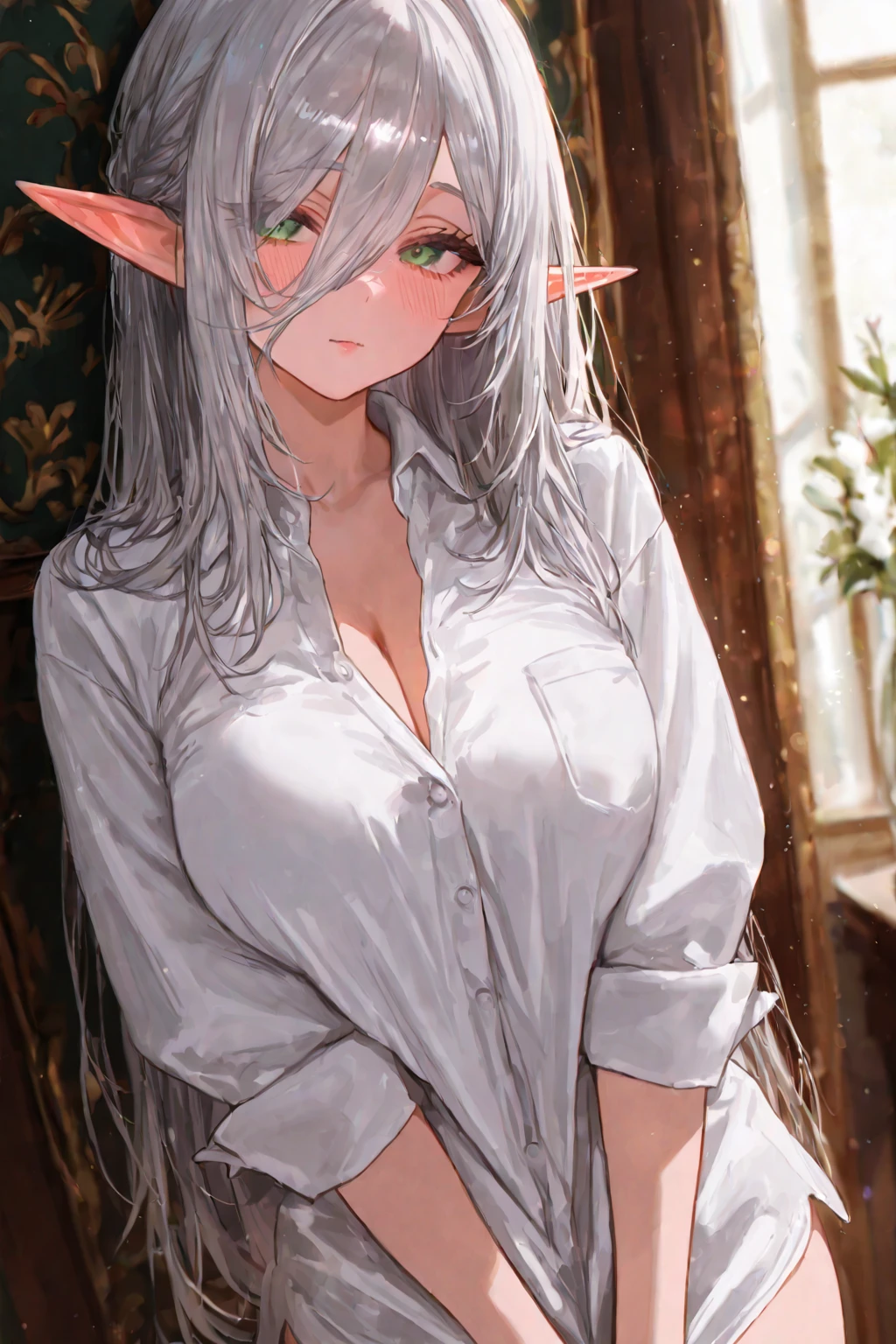 (1girls, mature, demon girl, pointy ears, black horns, colored skin, milf:1.4), (emotionless, expressionless, half-closed eyes, looking at viewer, arms around neck), large breasts, thick thighs, wide hips, curvy, hip dips, (black hair, long hair, bangs:1.2), (gray eyes:1.2), (Silver cross necklace and silver earrings, wearing simple, long-sleeved_shirt and shorts:1.2), makeup, eyelashes, long eyelashes, thick eyelashes, thick lips, big lips, sexy lips, big mouth, sexy mouth, (skindentation:1.4), (indoors, on bed)
