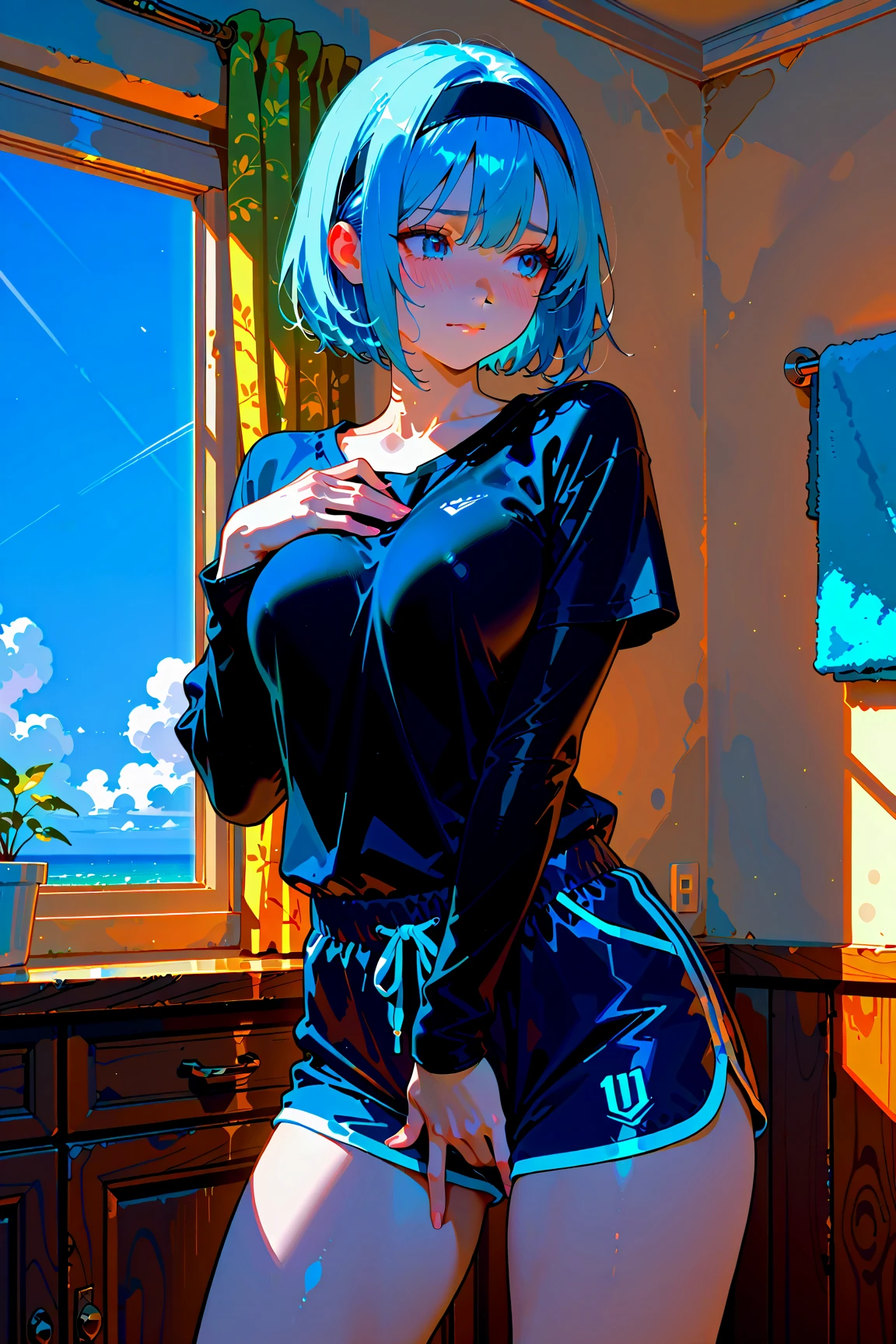 Realistic image, A consistent image, Detailed Images, 1 beautiful girl. She has short light blue hair that reaches her shoulders.、The bangs reach down to the eyebrows。. On top of the bangs, Yura is wearing a black headband and a hairpin on her left side.。. purplish yellow eyes, Long eyelashes.,Her face is oval and delicate., Tempting ahegao face:1.5, She is wearing a long-sleeved shirt, Jeans Shorts, Thigh-length stockings. She has a curvaceous figure, Medium bust and thick thighs. Surrounded by European shops, Petals falling. Natural light in front, Volumetric lighting