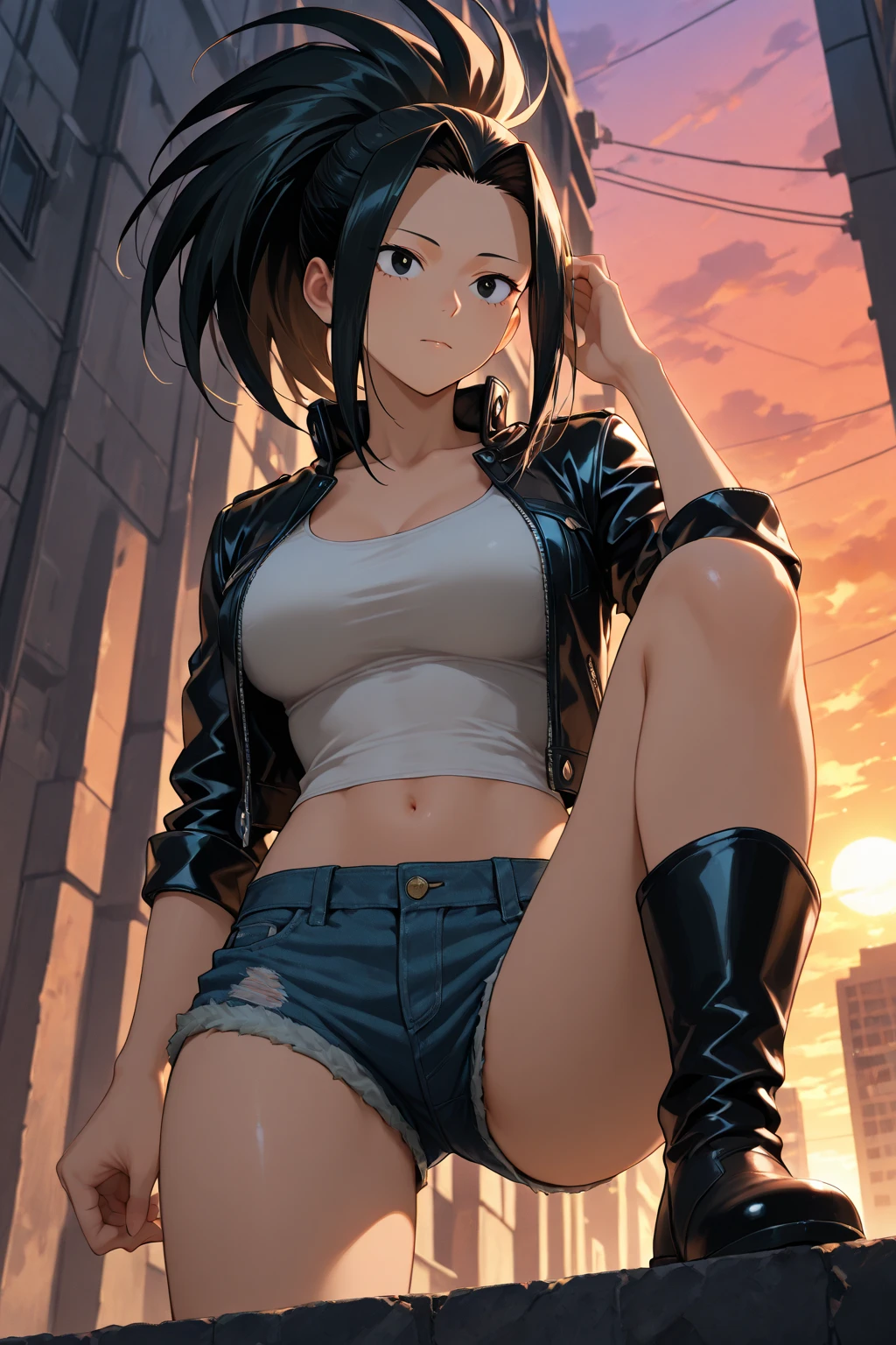 masterpiece, best quality, anime 1990s \(style\, leona heidern,  no bra, fully open vest, shorts.