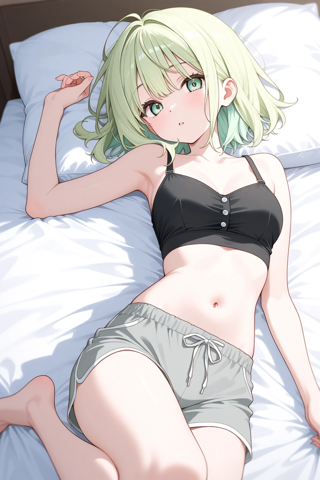 ((4k, masterpiece, top-quality)),8k, best quality, high resolution, HD, (illustration:0.8), super cute girl, delicate and beautiful face, mature girl, super cute hairstyle,, extremely detailed face, perfect lighting, extremely detailed CG, (perfect hands, perfect anatomy), super complex details, intricate details, Best quality, green eyes, green hair, small breasts, cleavage, navel, t-shirt, ((bra)),clothes lift, skirt, lying, full Body, perfect body ,sitting, armpit