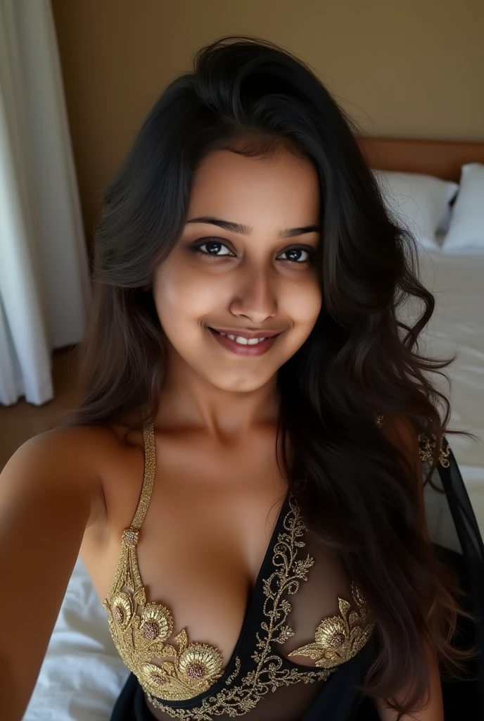 Selfie pov, Extremely detailed, women, elven, Sweden women, beautiful body, wearing saree (no blouse )(bright red), beautiful huge 43cm breast, beautiful face, naked breast, exposed breast, sexy greenish gray eyes, winking, sexy look, light pink lips, open mouth smile, small thin nose , brown hair