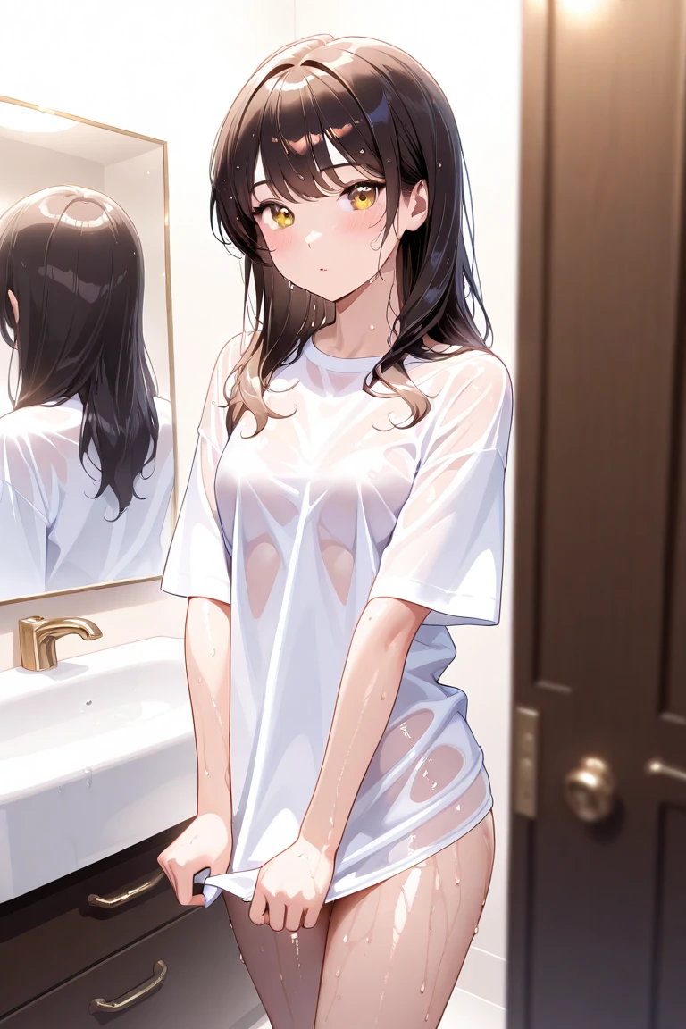 High resolution、4K quality、Highest quality、younger sister、Lolita、Observed viewpoint、Being seen through the gap in the door、pantiesが床に落ちている、白のコットンpanties、panties、used underwear、stain on crotch、Scattered underwear、panties単体、Laundry basket、strip、Underwear is scattered、Underwear is scattered、床一面たくさんのpanties、Very small room、Undressing scene、Browsing Caution