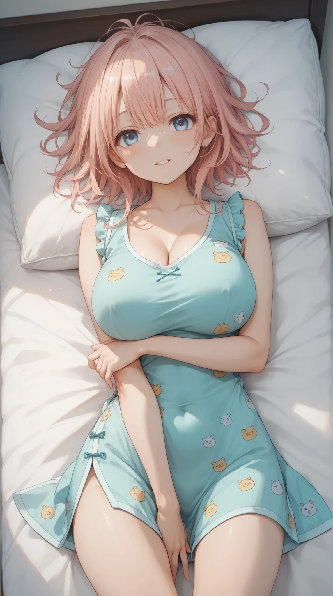 (masterpiece, top quality, best quality)、photoreality、Ultra High Definition、girls, Chinese dress、cute, summer, bed, Face Down、pillow、Sunshine, high resolution, Super Detailed、 Awaken、stare、(big 、 cleft)、untidy pajamas that make you stretch your hands wide、((Messy Hairstyle))、(perfect )