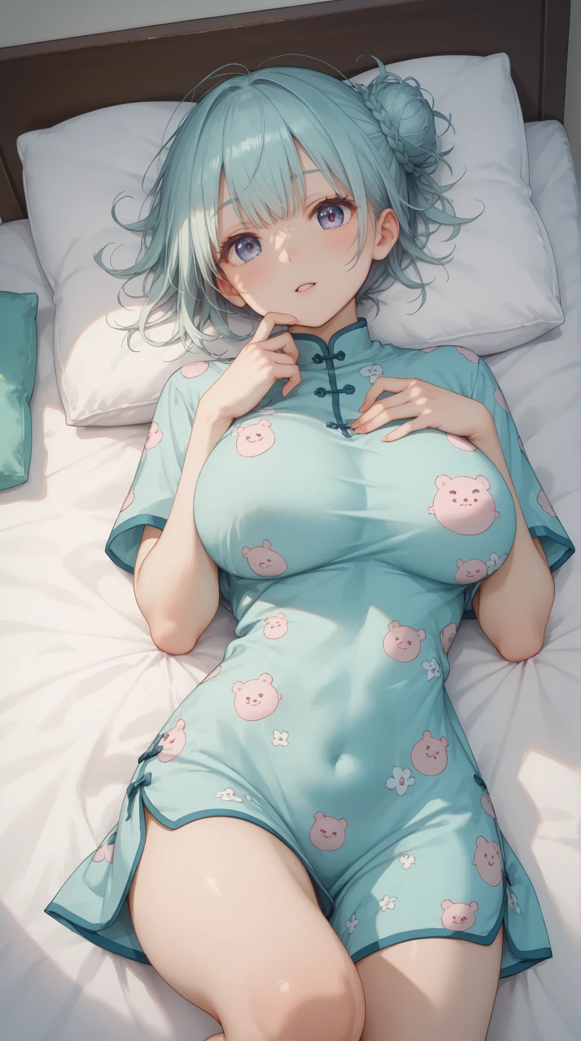 (masterpiece, top quality, best quality)、photoreality、Ultra High Definition、girls, Chinese dress、cute, summer, bed, Face Down、pillow、Sunshine, high resolution, Super Detailed、 Awaken、stare、(big 、 cleft)、untidy pajamas that make you stretch your hands wide、((Messy Hairstyle))、(perfect )