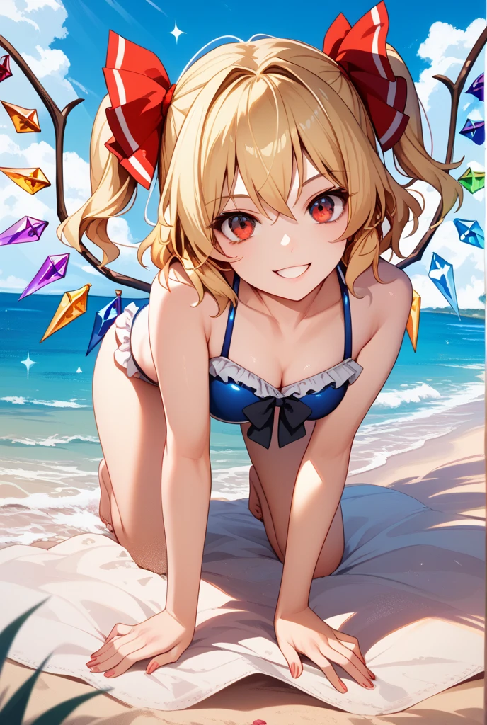 masterpiece, detailed face, detailed eyes, <lora:EmberElemental:1>, Ember, 1girl, (((solo))), girl made of fire, smiling, ((lying down on a beach towel, fullbody, using a black bikini, thick tighs)), detailed background, top down view, beach, sunshade shadow