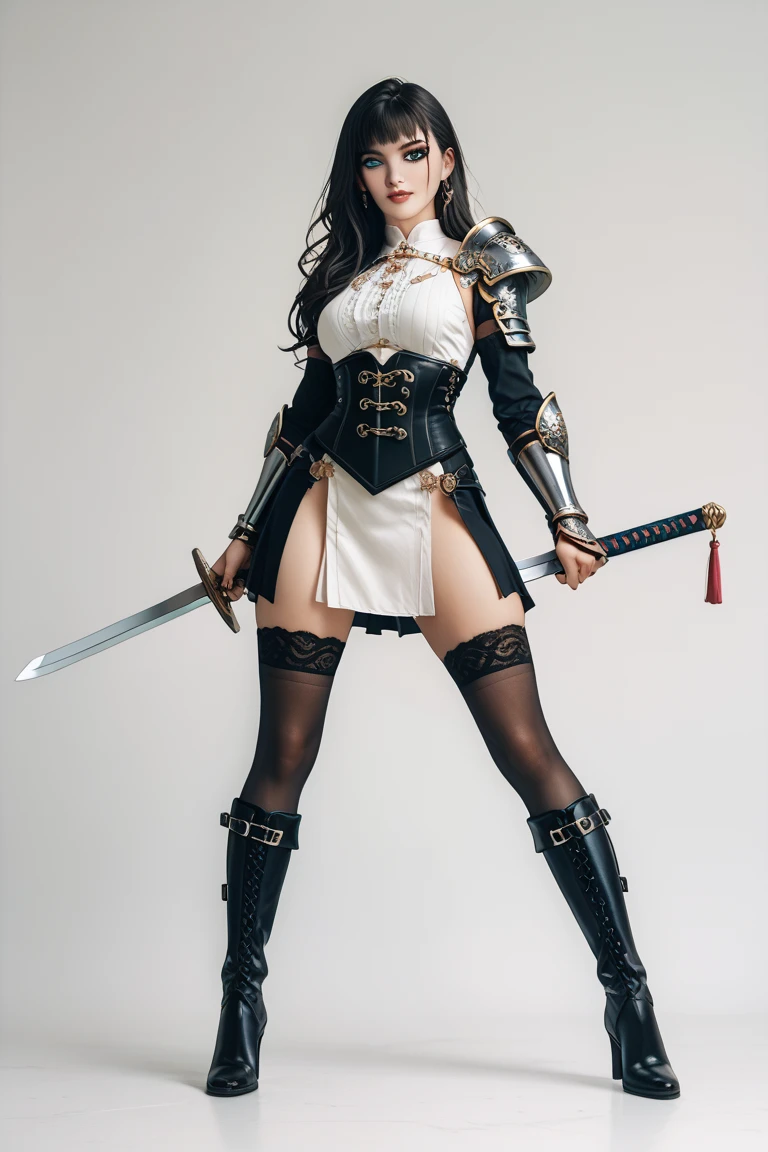((masterpiece, Highest quality, Best image quality, High resolution, Realistic, RAW Photos, 8k))、(Medieval Europe、Bohemian style:1.2)、((1 female、alone:1.5))、European Castles、Beautiful woman、Blonde long hair、Slender women、((Open-chested breastplate:1.5))、((Plate Mail、Shoulder rest、Gauntlet、sword on waist、Pauline、Greaves、garter belt、Lace Stockings:1.5)))、((Pose with a sword:1.5))、((Sharp eyes、Unmoved:1.5))、((full body:1.5))