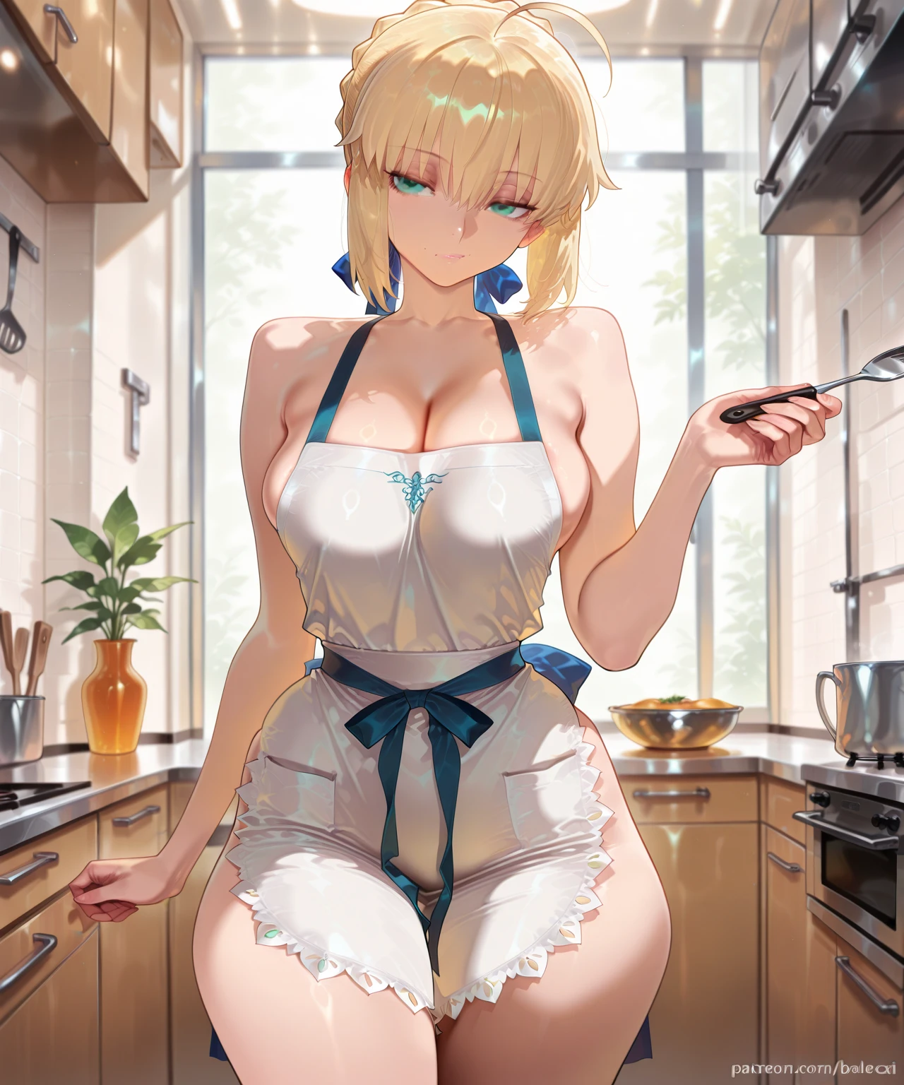 ((((master part, high resolution)))), 1girll, white hair, Purple eyes, wavyhair, mediuml breasts, blush, drlight smile, open lips, Glow Up, thicc thighs, cropped shoulders, clavicle, narrow waisted, cleaveage, (beautiful and detailed face, beautiful detailed eyes), (naked-apron, kitchen, arms back, ), best quality, (master part)