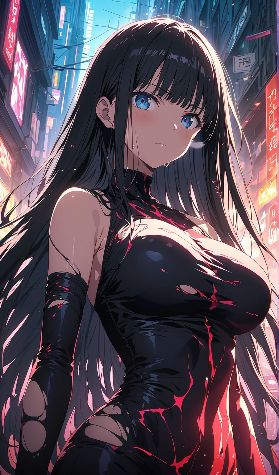 Woman, strong-looking, black hair, long hair, beautiful eyes, beauty, camisole, indigo, narrow eyes, older woman, earrings, title: Fusion of quantum mechanics and colorful city Setting A scene where modern city life and quantum mechanics are fused together., Visually striking depiction using the Type-Moon style。 character: Black-haired, red-shaggy woman • Main character: A brave 19-year-old Japanese woman, black eye, Double Eyes, Well-proportioned face, The nose is well shaped。 • gender: Female • Age: Age 19 • Hairstyle: Medium long black hair with red shaggy streaks • Outfit: Stylish casual wear。It is made up of countless molecules, Each one is different々in a color, The sword, with its similar colors overlapping to create a beautiful gradation, is sheathed in its sheath.。 Scene • Face Close-up: Close-up of a woman's face, 彼女のblack eye, Well-proportioned face, And emphasize a calm and determined expression.。 背景 • Colorful streets: Very diverse and colorful, Precise depiction of bustling cityscapes。Contains the following elements:: • building: Skyscrapers decorated with neon lights and advertisements。 • Street lights: Car headlights and street lights light up the bustling city at night。 • Quantum Patterns: Glowing binary code etched into the wall of a building flows in a spiral pattern, Mimicking patterns from superstring theory and quantum mechanics。 • Japanese elements: The effect of cherry blossom petals falling, A design that allows you to see part of the Japanese garden。 Art Style • Type-Moon style: characterと背景の詳細を鮮明に描写。 • Soft colors: Using soft colors like watercolors, Creates a dreamy atmosphere。 Perspective and Composition • Dynamic Poses: characterがダイナミックなポーズで, Depicted in a low-angle shot of a cowboy。 • Harmonious composition: characterを中心に据え, Quantum patterns and street lights, A harmonious composition of Japanese elements。 特筆すべき要素 • Quantum Patternsとグリッチノイズ: Spiral binary code and glitch noise create a futuristic atmosphere。 • Japanese decoration: Added the effect of cherry blossom petals falling., A fusion of traditional Japanese elements and futuristic elements。 • Colorful streets: Very diverse and colorful街を強調。 quality: Ultra-precision description, 16K resolution, Masterpiece Stylize1000