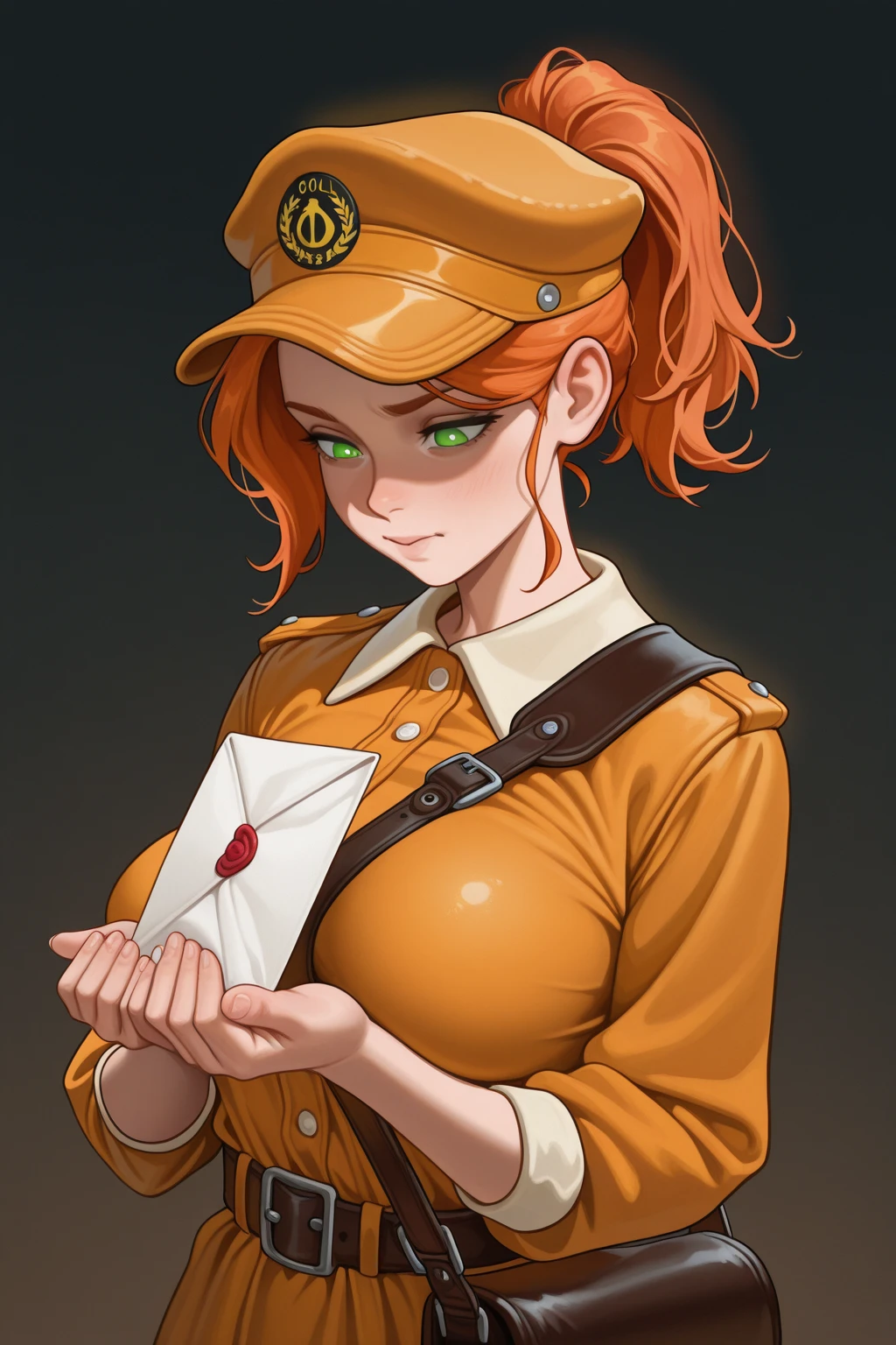 (masterpiece, best quality), 1girl(beautiful face, gwendolyn_tennyson, breasts, orange hair,  short hair, green eyes),detailed face, a weary face, parted lips,  nose blush, blush, solo, head tilt, police woman,  low blue shirts, belts,  dark blue  skirt,  ultra mini skirt,  brown lace thighhighs,  police hat, white gloves,  office,  on the chair,  sitting,  spread legs, sexy waist teasing,  