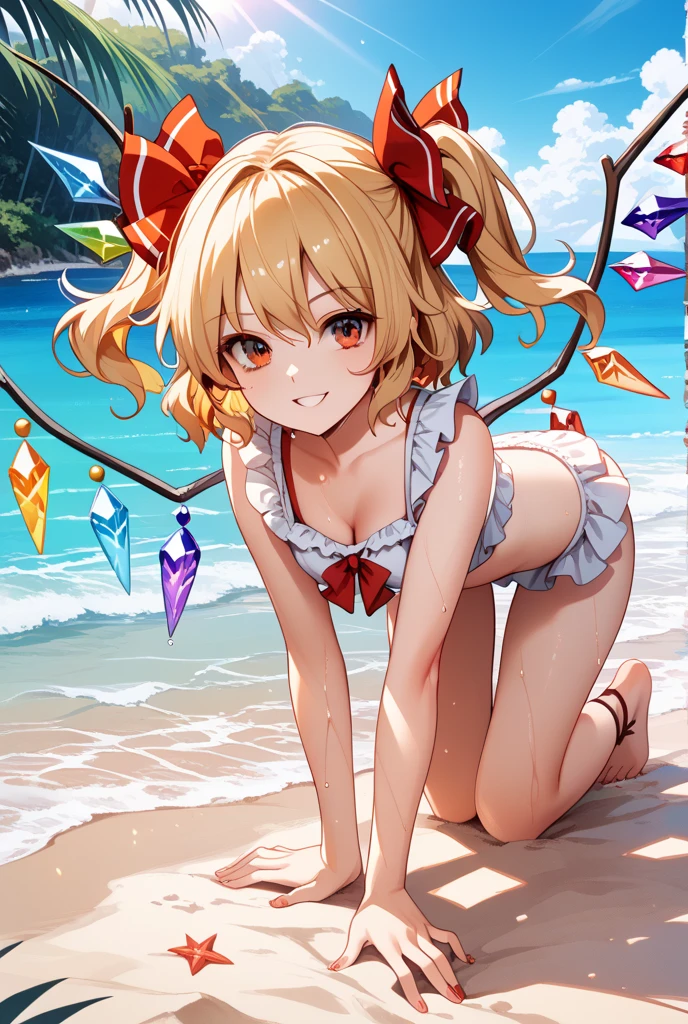 Flandre Scarlet、One girl、ruffle bikini、the beach、small tits、smil、is standing、