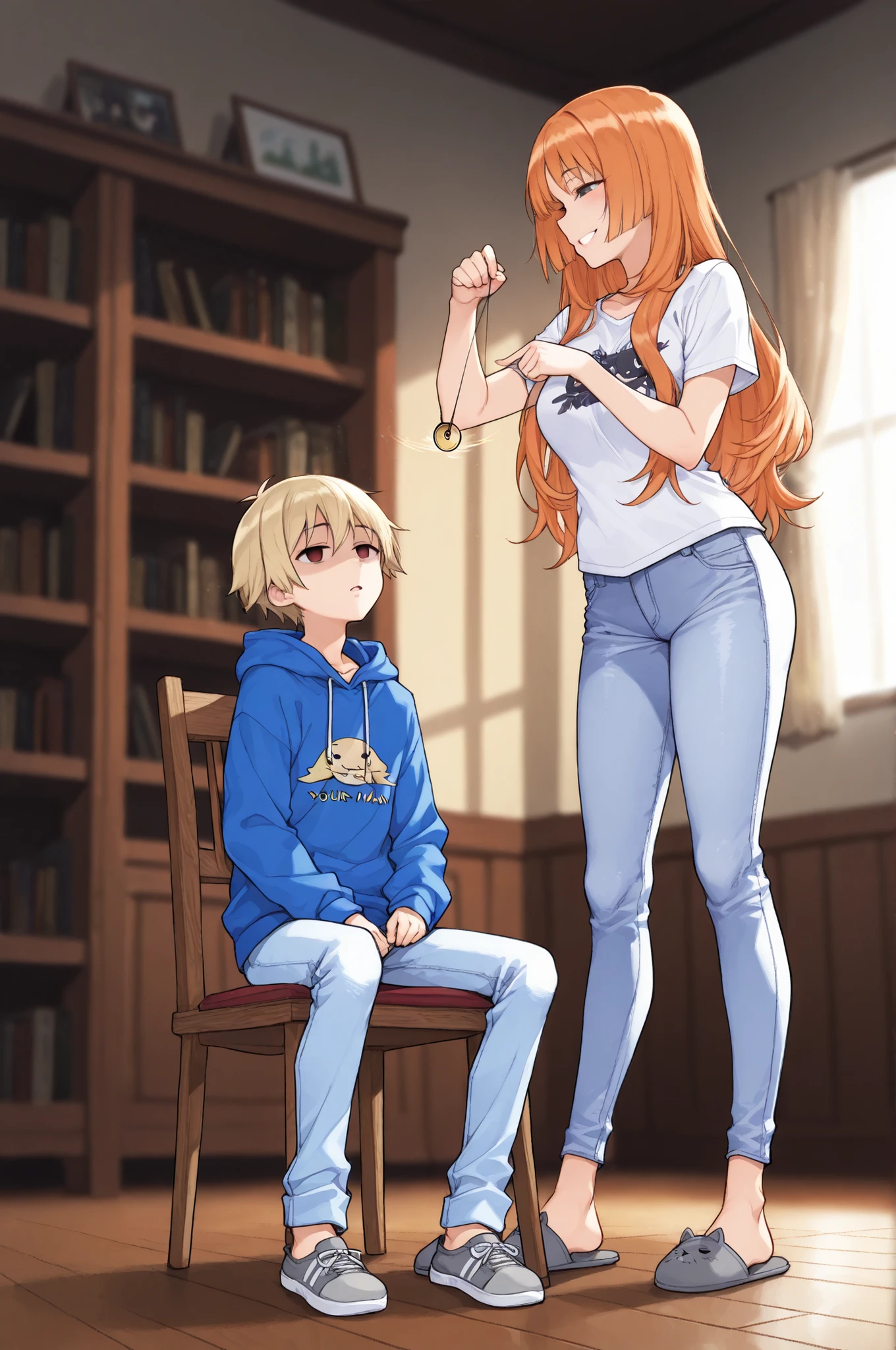 masterpiece, best quality, ultra detailed, 1 young man, teen boy, sitting pose, casual wear, blue hoodie, relaxed jeans, sneakers, hypnotized expression, half-nclosed eyes, empty eyes, relaxed shoulders, sitting on wooden chair, the young man in in a trance, 1 mature woman, standing dominant pose, white fitted t-shirt, tight blue jeans, house slippers, long flowing hair, confident expression, ((Female Hypnotist)), ((girl hypnotizing the young man with a pendulum)), ((holding pendulum)), living room setting, modern furniture, cozy sofa background, bookshelf, warm ambient lighting, afternoon sunlight through windows, detailed interior, 1 guy and 1 girl, 2 people, assertive female, submissive male, Dominatrix, profile view