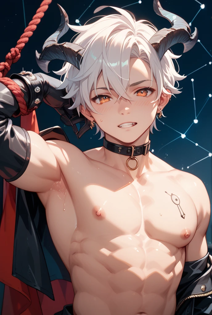 Young guy, short white hair, Cat's ears, violet eyes, Super Soldier Clothing, open torso, Tatoo, Scars, Masterpiece, hiquality