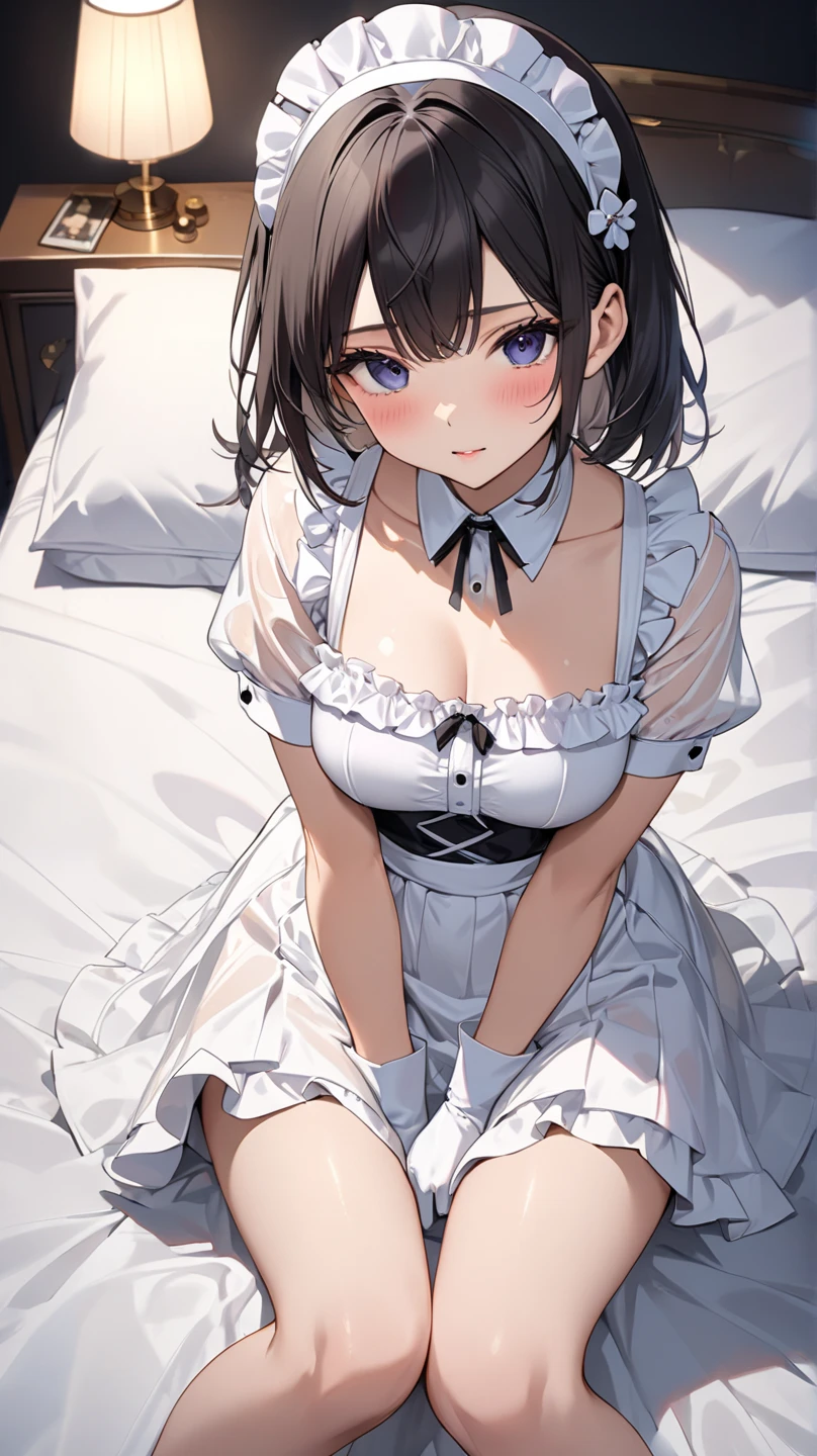 masterpiece, Highest quality, High resolution, One girl, alone, short hair, Brown Hair, Brown eyes, chest, Bedroom、Kneeling、((Wedding dress))、((pantyhose))、(Black Bra)