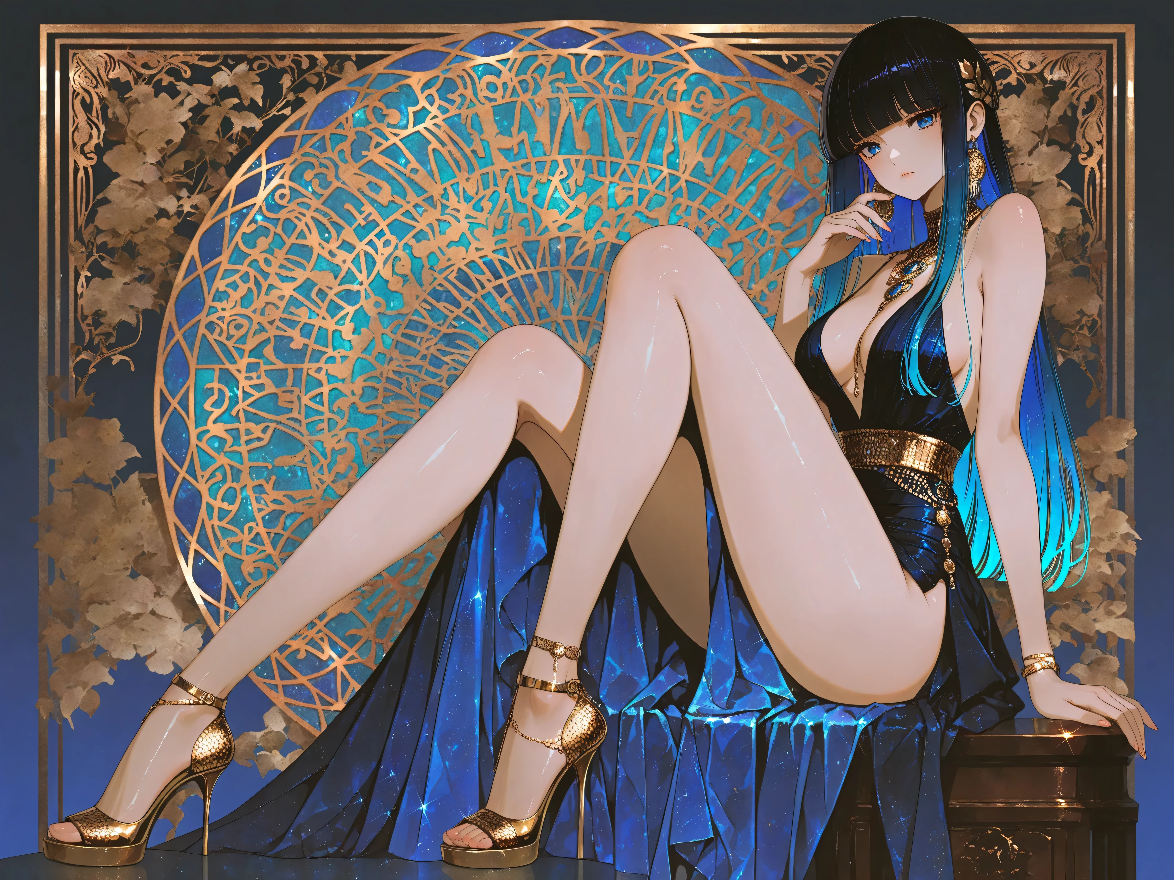 masterpiece, best quality, high heels, long legs, Art Deco style, elegant, geometric patterns, 1920s fashion, glamorous, metallic accents, high contrast, sophisticated, ultra detailed, 8k gradient colors. gold black and blue