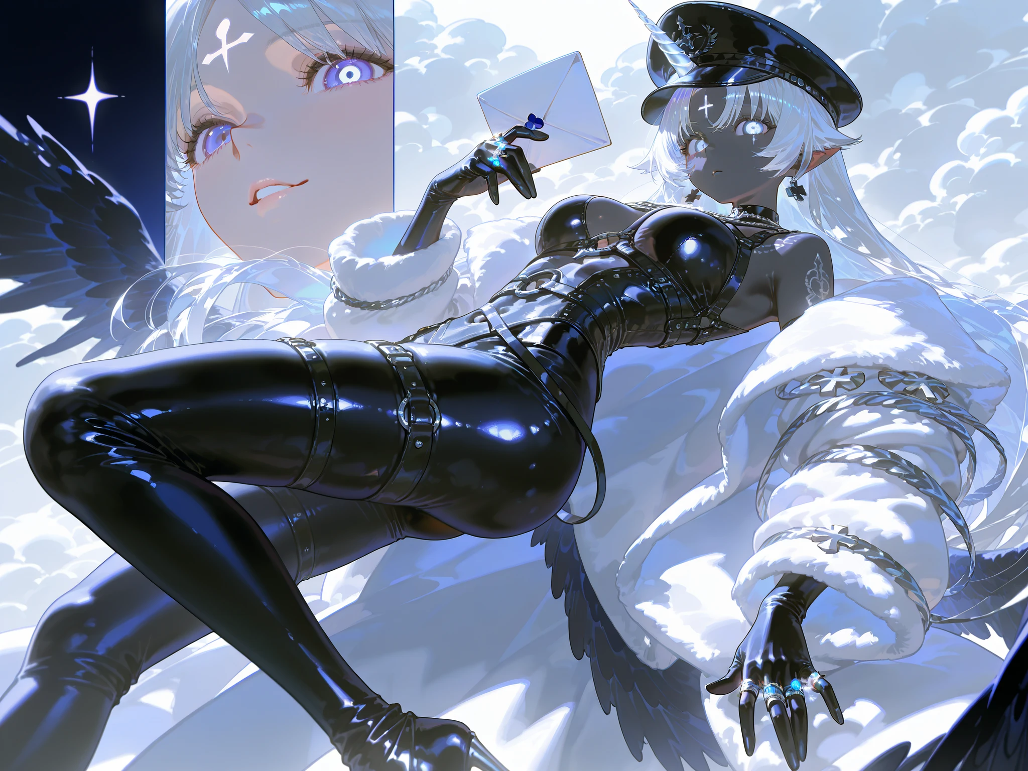 Masterpiece, standing straight symmetrical, full body female drow elf slave wearing an adventurer outfit, black blindfolded, (very purple skin) (((1 girl)),ray tracing,(dim lighting),[detailed background (bedroom)),((silver hair)),((silver hair)),(Fluffy silver hair, plump slender girl)) with high ponytail))))