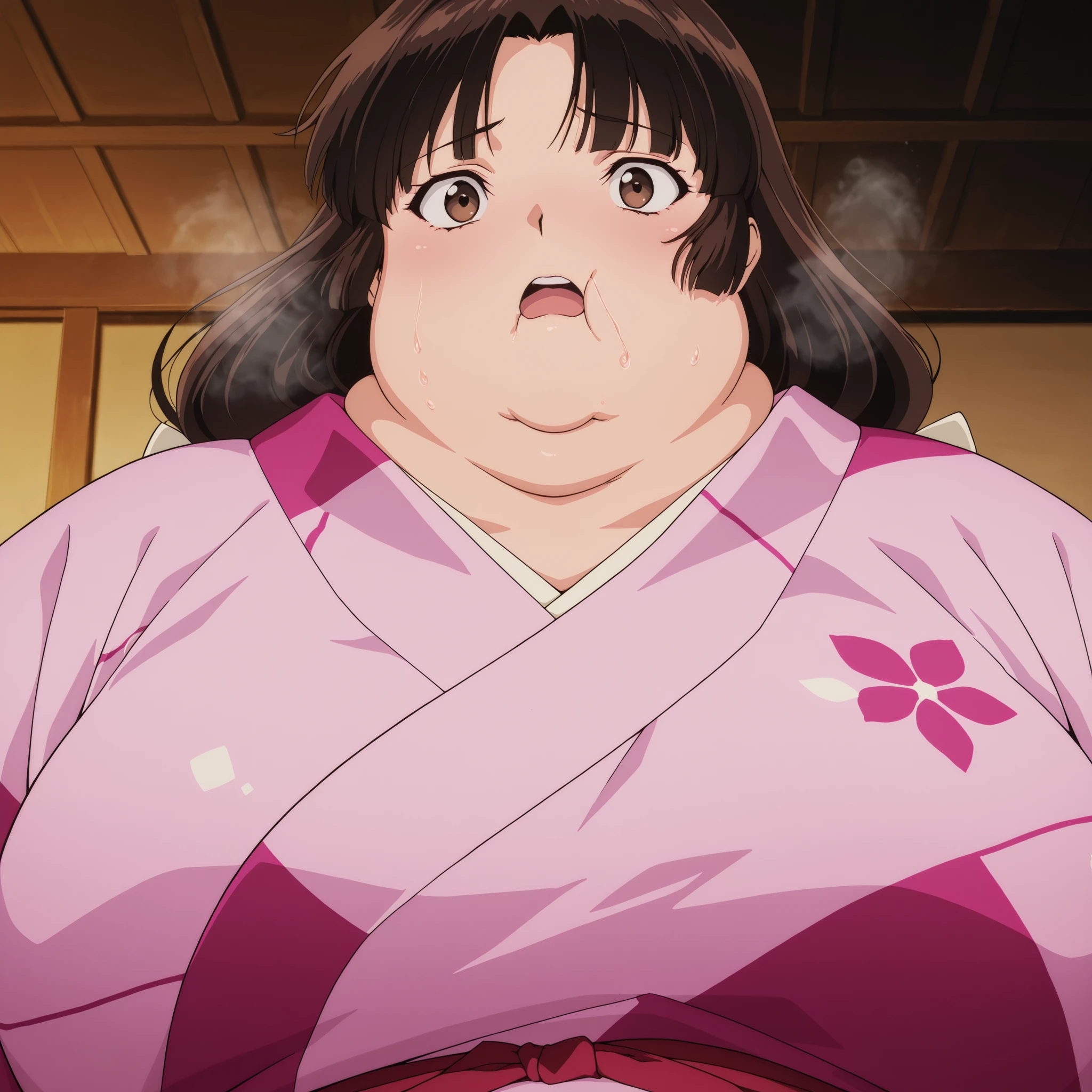 anime screencap, score_9, score_8_up, score_7_up, source_anime BREAK sango, 1girl, solo, brown hair, parted bangs, low-tied long hair, brown eyes, pink kimono, wearing a kimono
,masterpiece,best quality,amazing quality,bulging belly, fat, chubby, obese, open mouth, out of breath, absurdres, portrait, pov belly, swollen face, masterpiece, best quality, ultra-detailed, high resolution, 8K,