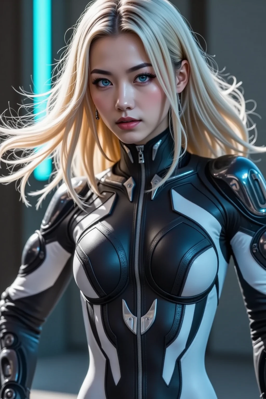 Superhero, modern superhero costume, white bat costume, black stripes on the sides, camouflage functions, integrate special LED plates or coatings in the costume with the ability to change color like a chameleon, style like the black bat costume, costume for a girl, ninja, with Chinese sword, beautiful Chinese girl, albino girl, light blue eyes, Chinese girl with fringes, character masculine, kind, brave, determination, on the battlefield, atmospheric perspective, motion blur, 8k, super detail, the best quality, UHD, high detail
