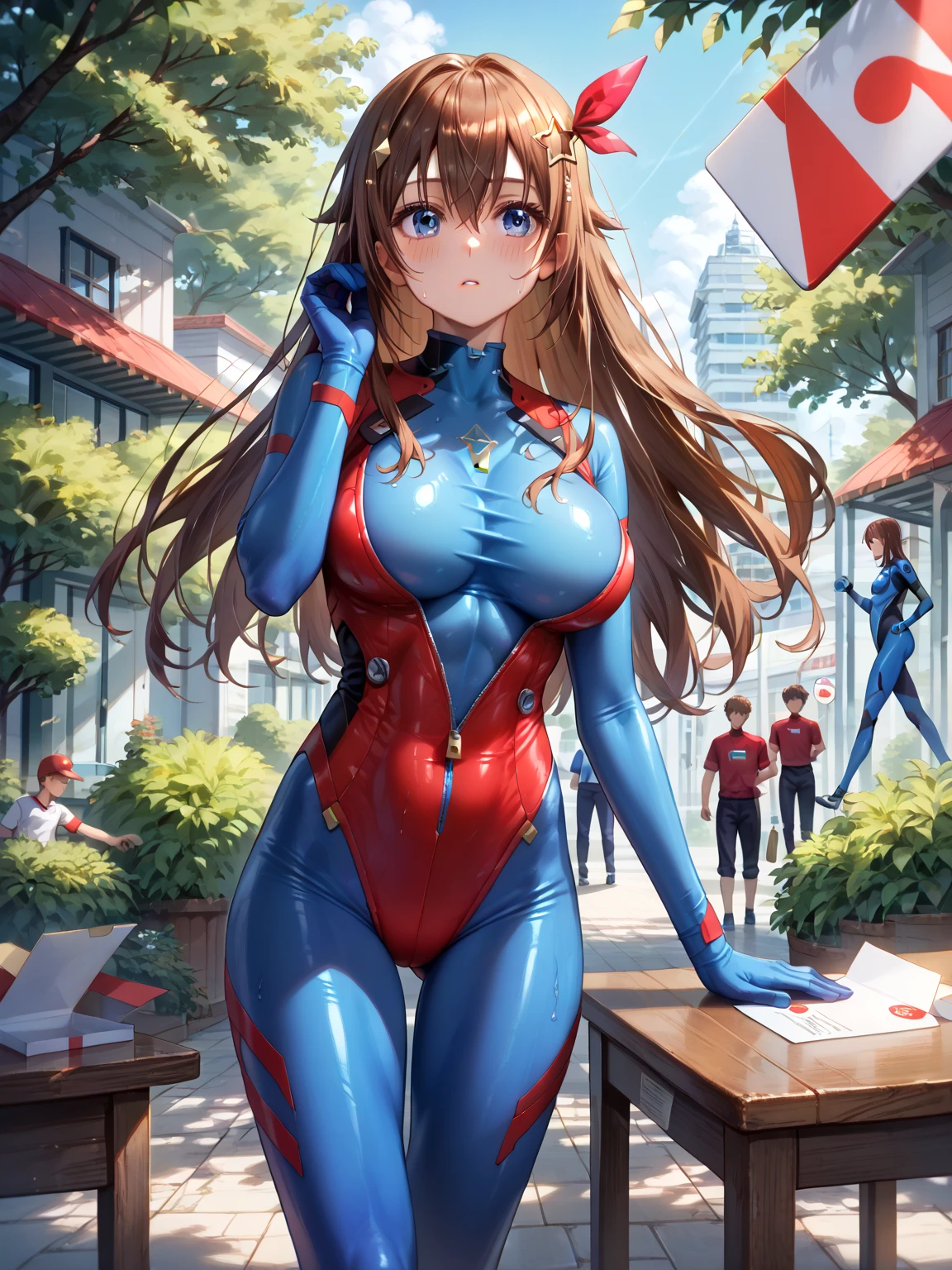 1girl, solo, Asuka Langley, bodysuit, standing in a forest, hands on hips, leaning forward, riverside, dappled sunlight, slightly annoyed, red hair, two-side up, blue eyes