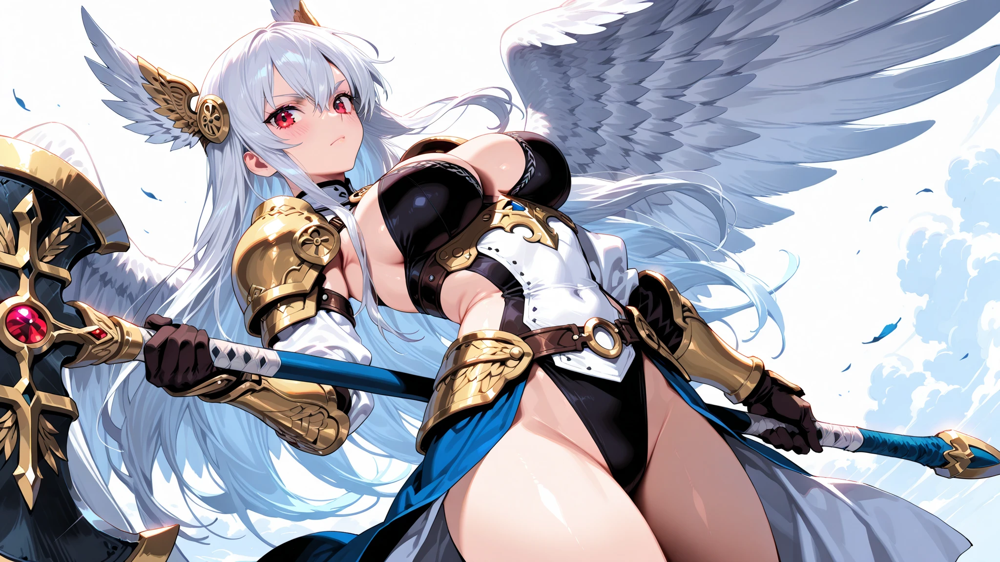fantasy, 1angel_girl, teen, brown_ponytail_hair, (dark_skin:1.1), bare_shoulder, navel, thigh,silver_shiny_armor, white_clothes,waist_armor, glebe, hold_swords, big_tits, angry, dynamic_fighting_pose, floating, (1pair_white_wings:1.2), sunrise_city_background,(pelvic_curtain:1.3), headgear, large_ass,apart_legs,solo,