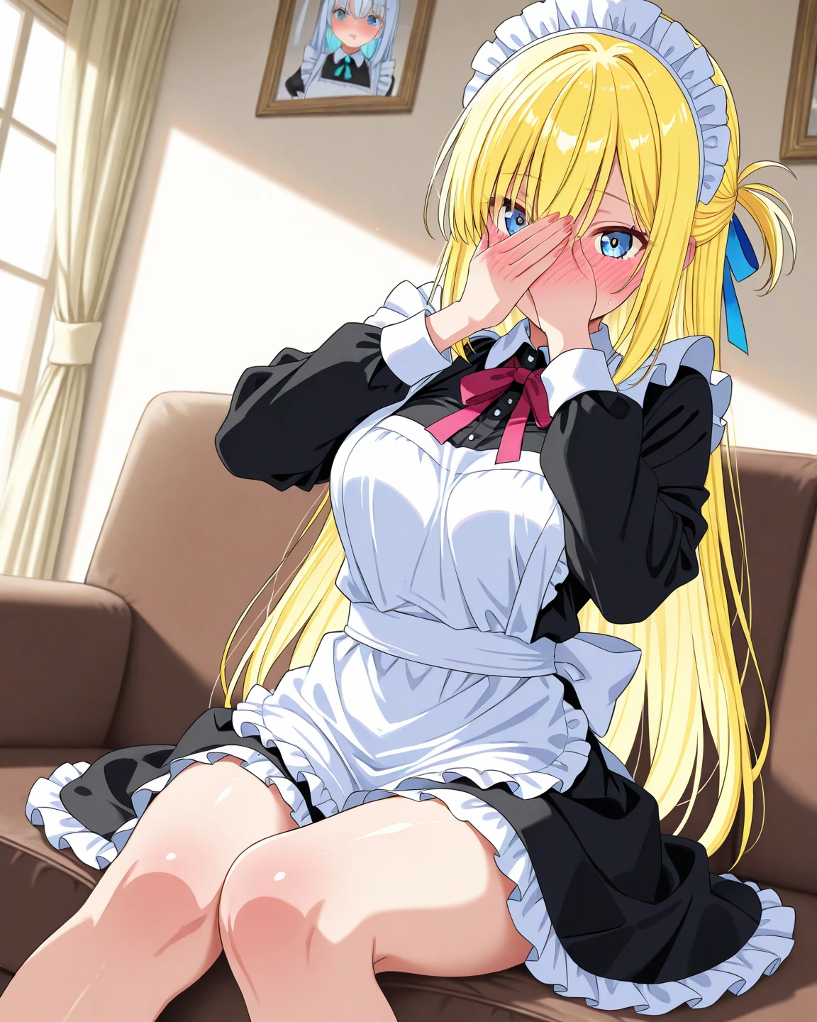 (dutch angle:1.5),(spread legs:1.5),(arms behind back:1.5),(maid head dress),(nipple:1.5),(open black maid:1.5),(apron:1.5),(white_thighhighs:1.5),(nopanties vagina:1.5),(correct anus:1.5),(blush:1.5),(shy smile:1.5),(looking at viewer:1.5), nsfw,(1_girl:1.5),8K,masterpiece,best quality,HDR,ultra-detailed,highres,extremely detailed CG,super fine illustration,fine-textured,details,detailed beautiful skin,beautiful face,detailed_eyes,Change the expression without changing the face,(eyes_in_highlight:1.5),(droopy_eyes:1.5),(tareme:1.5),(Round_eyes:1.5),(down the corners of the eyes:1.5),(blue_eyes:1.4),longhair,(braid),(blond_hair:1.5),(pink lip),(large breast:1.1),(bedroom:1.5),solo,(show off crotch area:1.5)