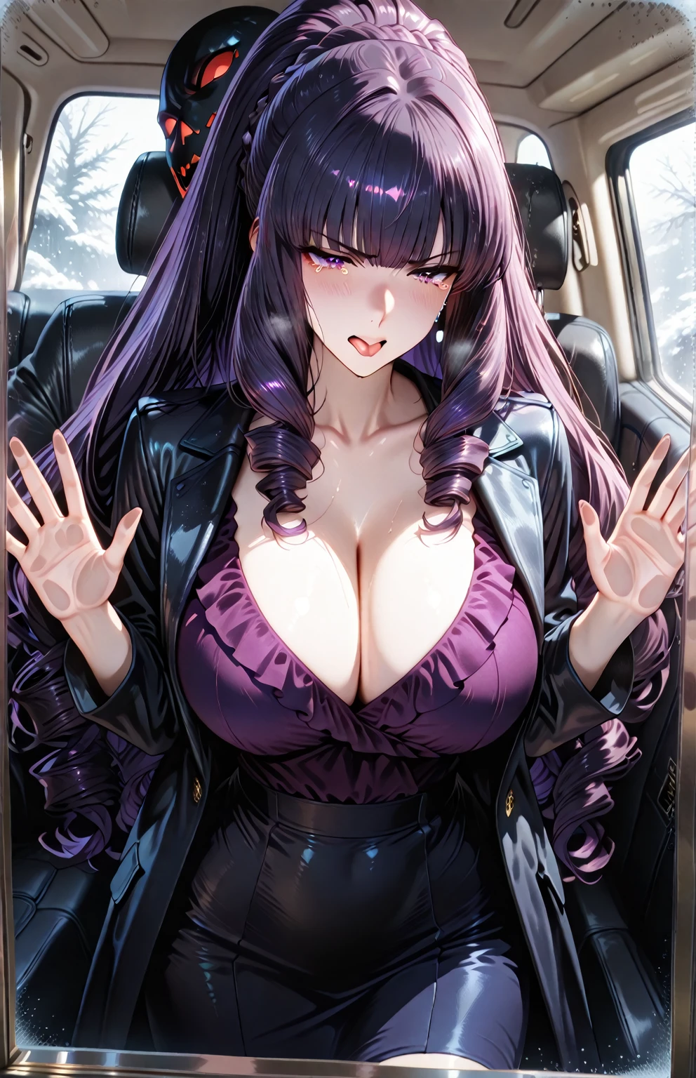 (obra maestra),(Mejor calidad), Katsuragi Misato, vestido negro, Brown eyes, collar con una cruz, vestido sin mangas, vestido de cuello alto, calle, kcar66t, Sentado en el coche,