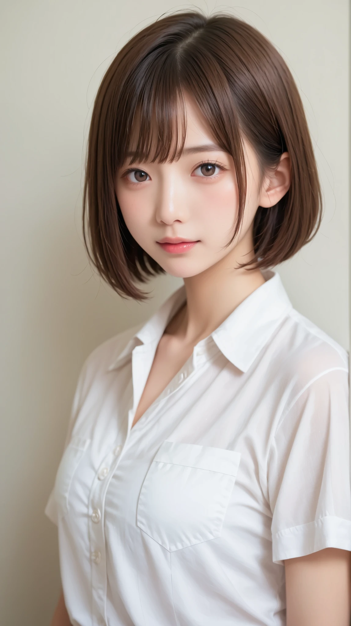 Genuine, nsfw, high res image , masterpiece, 最High Quality , High Quality , very detailed, more information, sharp details, sharp concentration , professional light , Alone, 1 , young Japanese woman, Up to , (( brown hair, bob cut )), 、カメラ目線、笑顔、背景は部屋