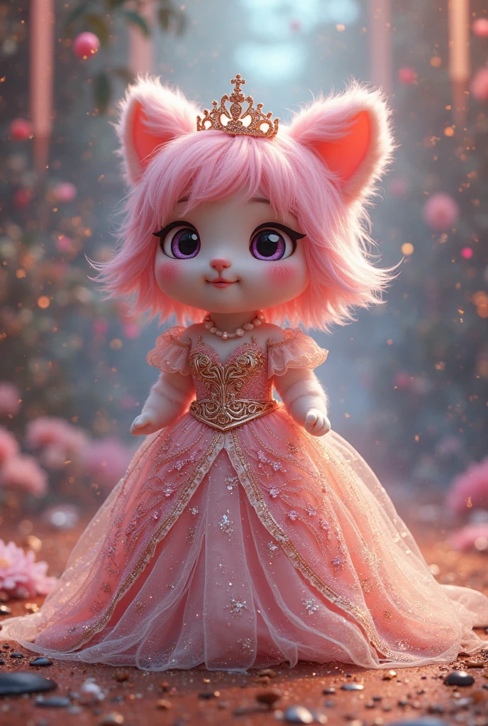A girl , light brown skin, brown eyes, in a princess dress , Anthropomorphic wolf princess, with a crown and a pet cat