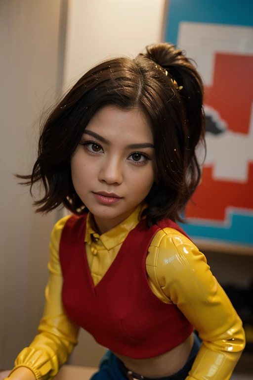 Goku,masutepiece, (((Realistic, 8K, Best Quality))),Realistic, Asian Girl, Smile, give, Orange GI,  Dark blue short-sleeved undershirt,grin、Hair is prickly！My hair is twitchy.、realistic