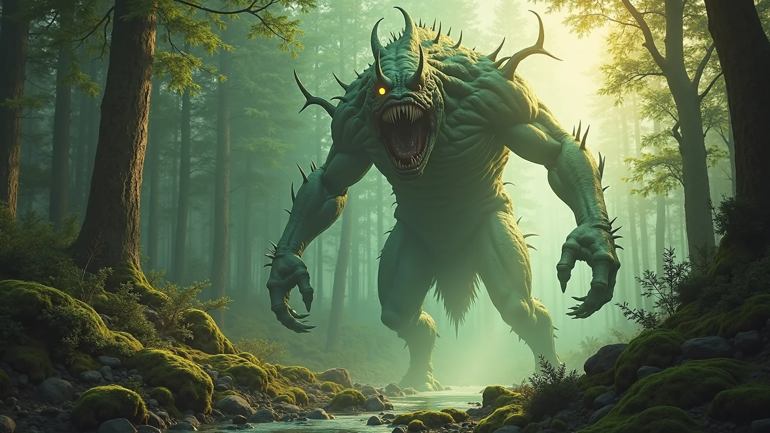 A photo of a (colossal swamp beast:1.3), towering over a (lone wanderer:1.1), vibrant green moss on scales, (glowing eyes:1.2), misty marshland, (jagged mountain backdrop:1.1), ethereal light shafts, serene water stream, (ancient trees:1.1), tranquil yet foreboding, Sony A1, 1/800s, f/5.6, ISO 320, epic scale, high dynamic range, immersive environment, RAW photography, professional grade,